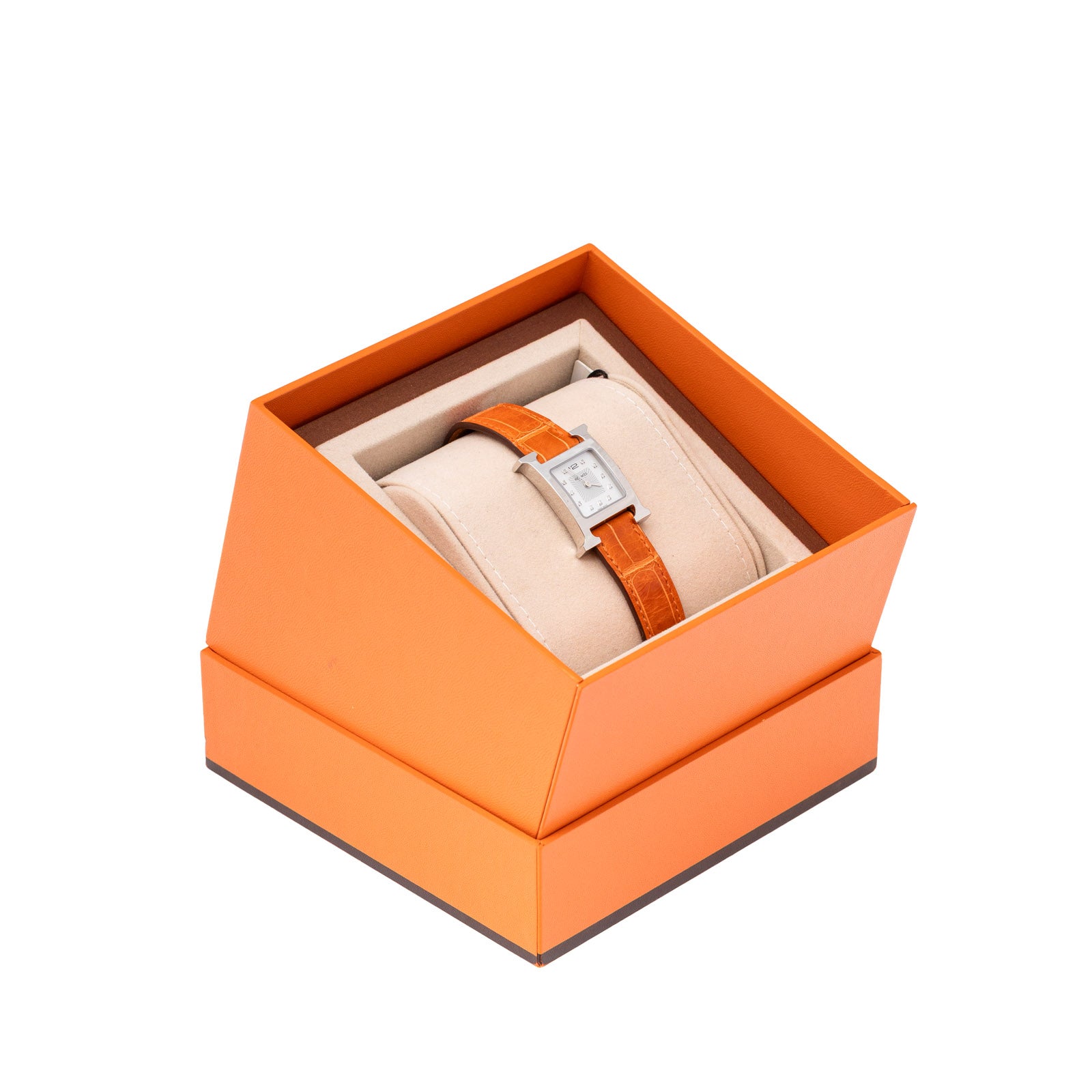 Hermès Heure H Watch 21mm Pearl/Steel Orange Shiny Alligator - Include 2 Alligator Watch Straps - In Box