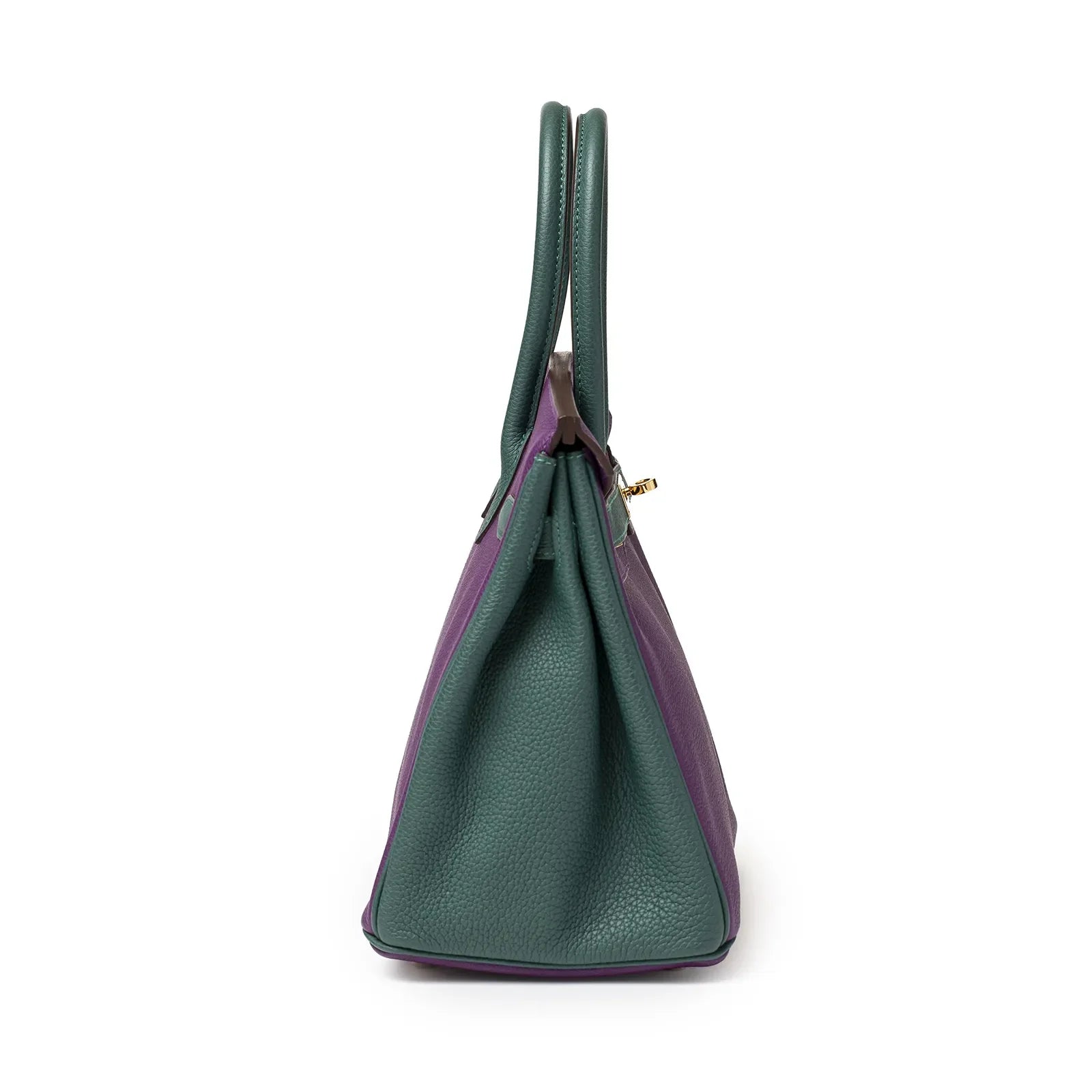 Side view of Hermès Horseshoe Birkin 30 Anemone Malachite Togo leather with gold hardware.