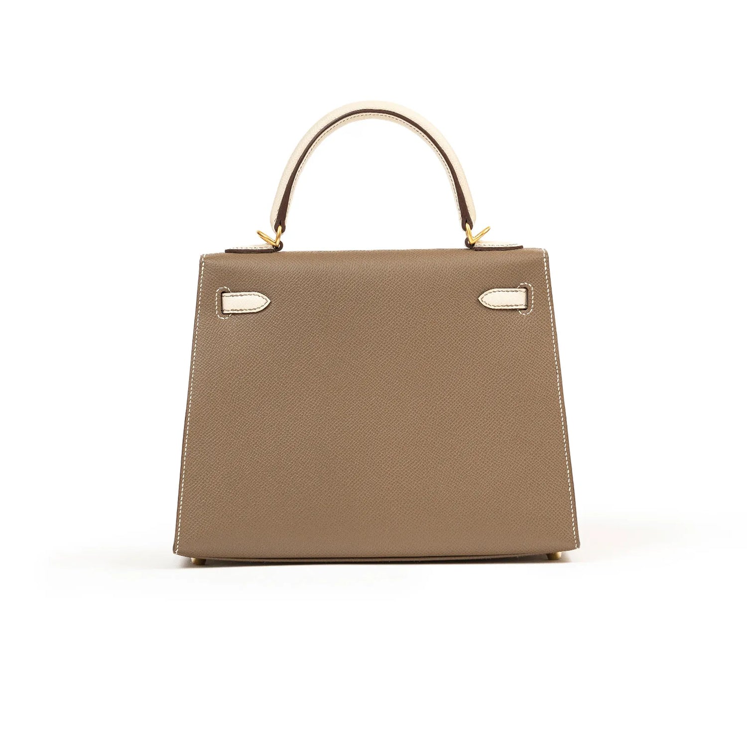 Back view of Hermès Horseshoe Kelly 25 Sellier Etoupe/Craie Epsom Brushed Gold Hardware handbag showing clean stitching and handle details
