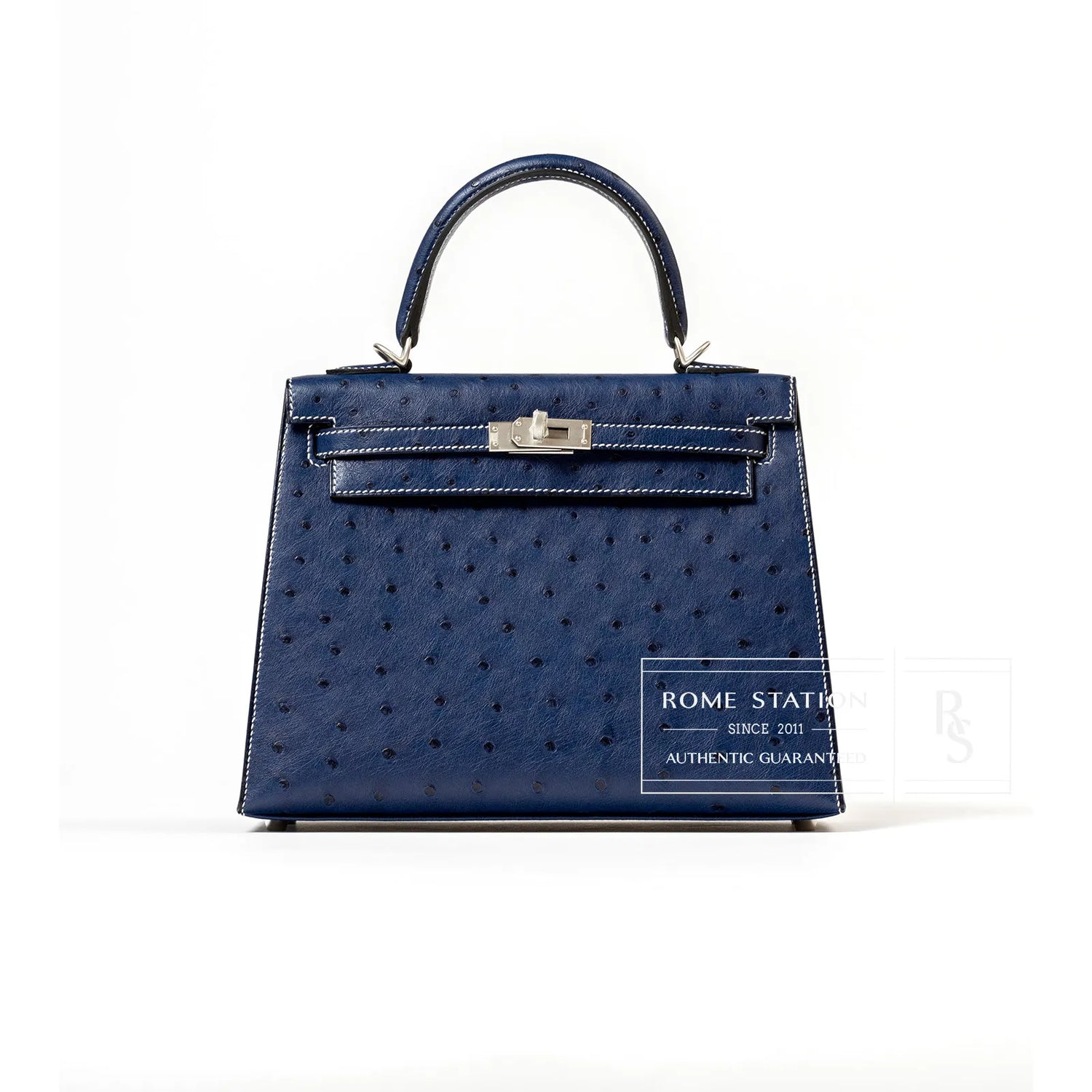 Front view of Hermès Horseshoe Kelly 25 Sellier Ostrich Blue Iris Gris Brushed Palladium Hardware handbag