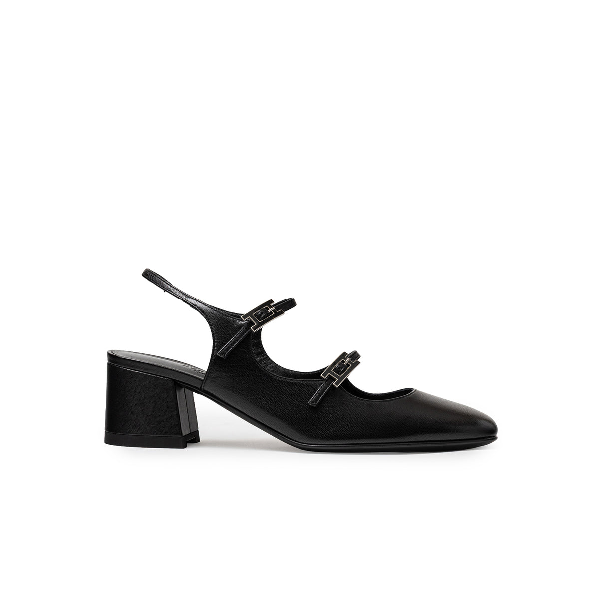 Hermès Jackie 50 Slingback Pump Black Goatskin side view with double buckles and block heel