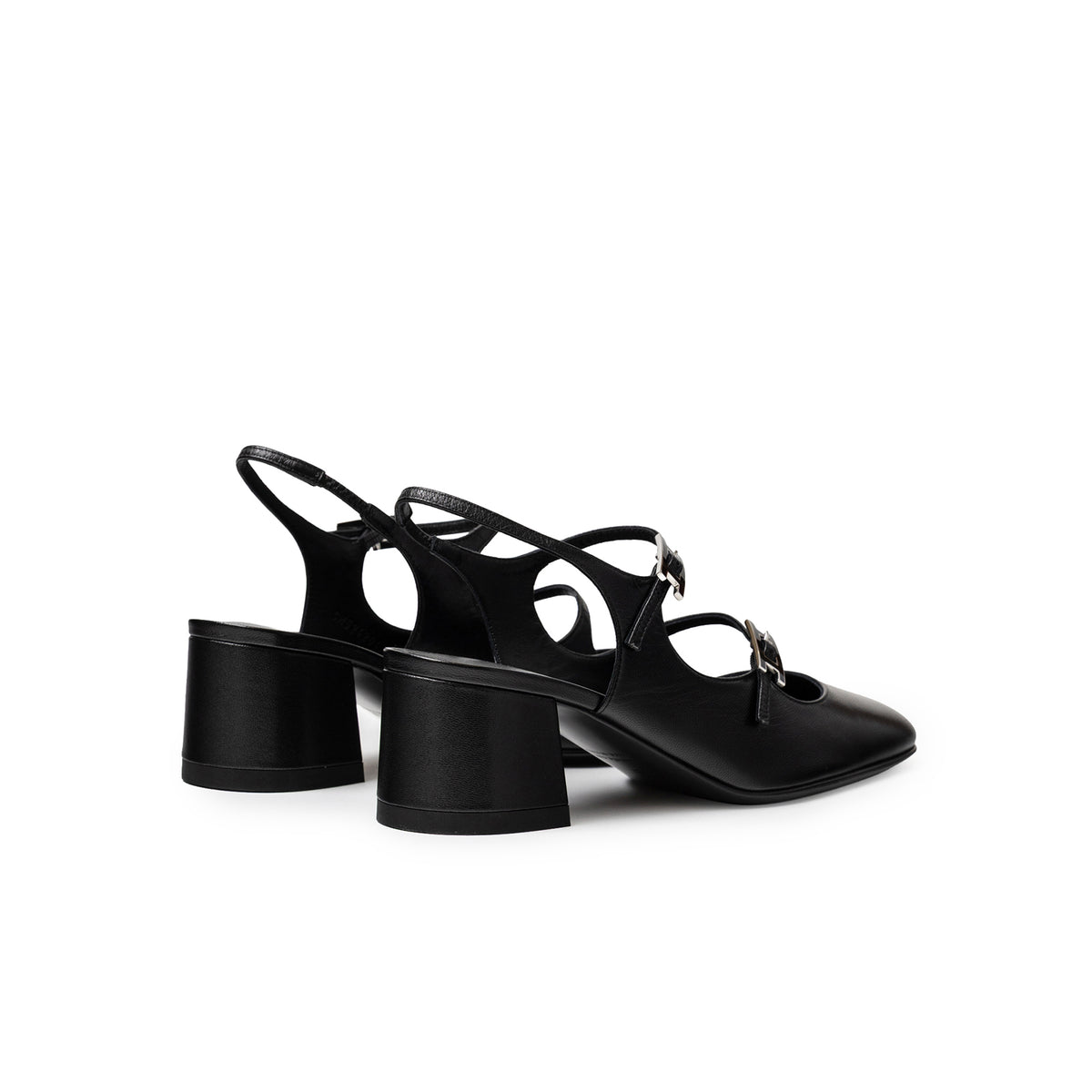 Hermès Jackie 50 Slingback Pump Black Goatskin angled pair view with block heels and slingback straps
