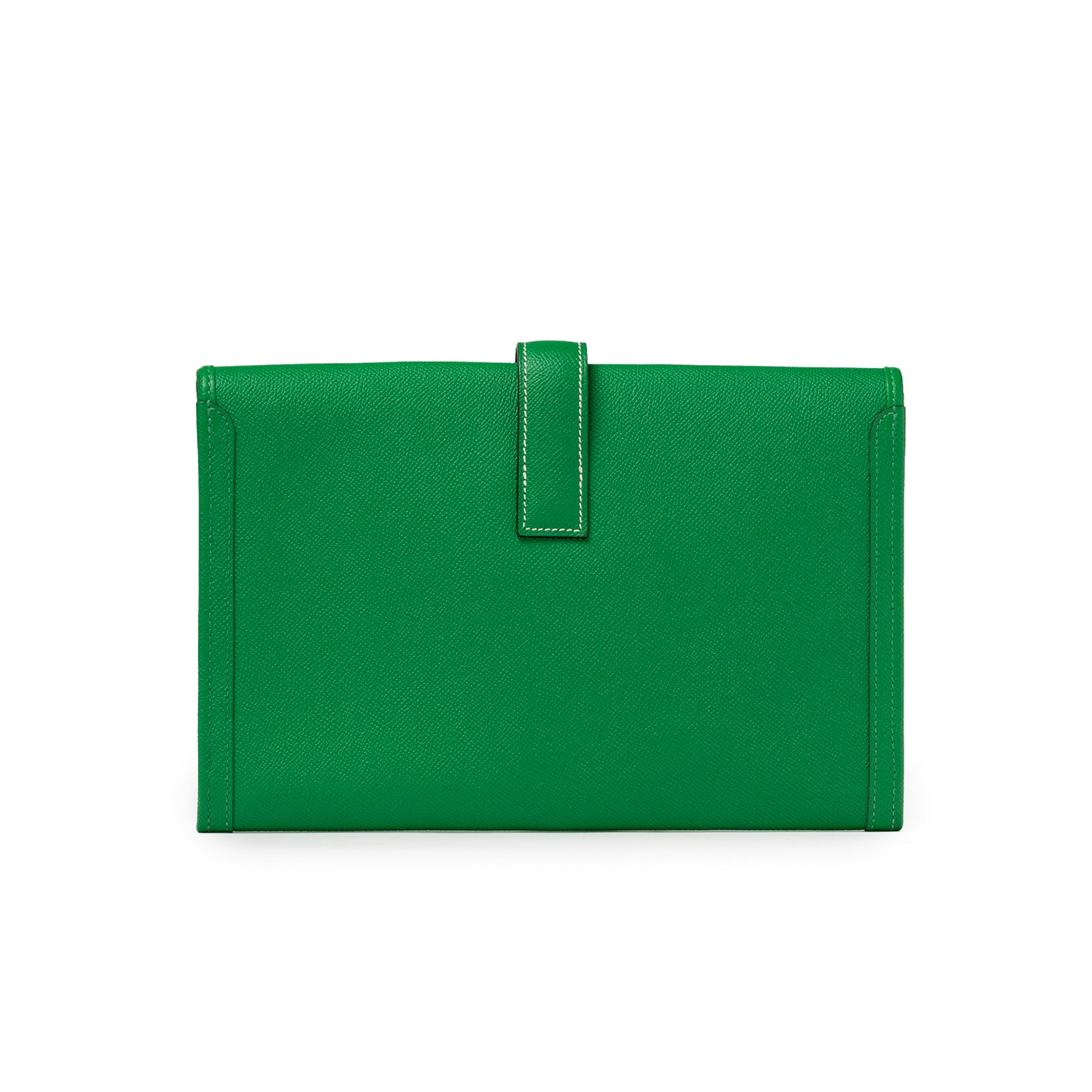 Back view of Hermès Jige PM Bamboo Green Epsom leather clutch with strap closure and white stitching detail