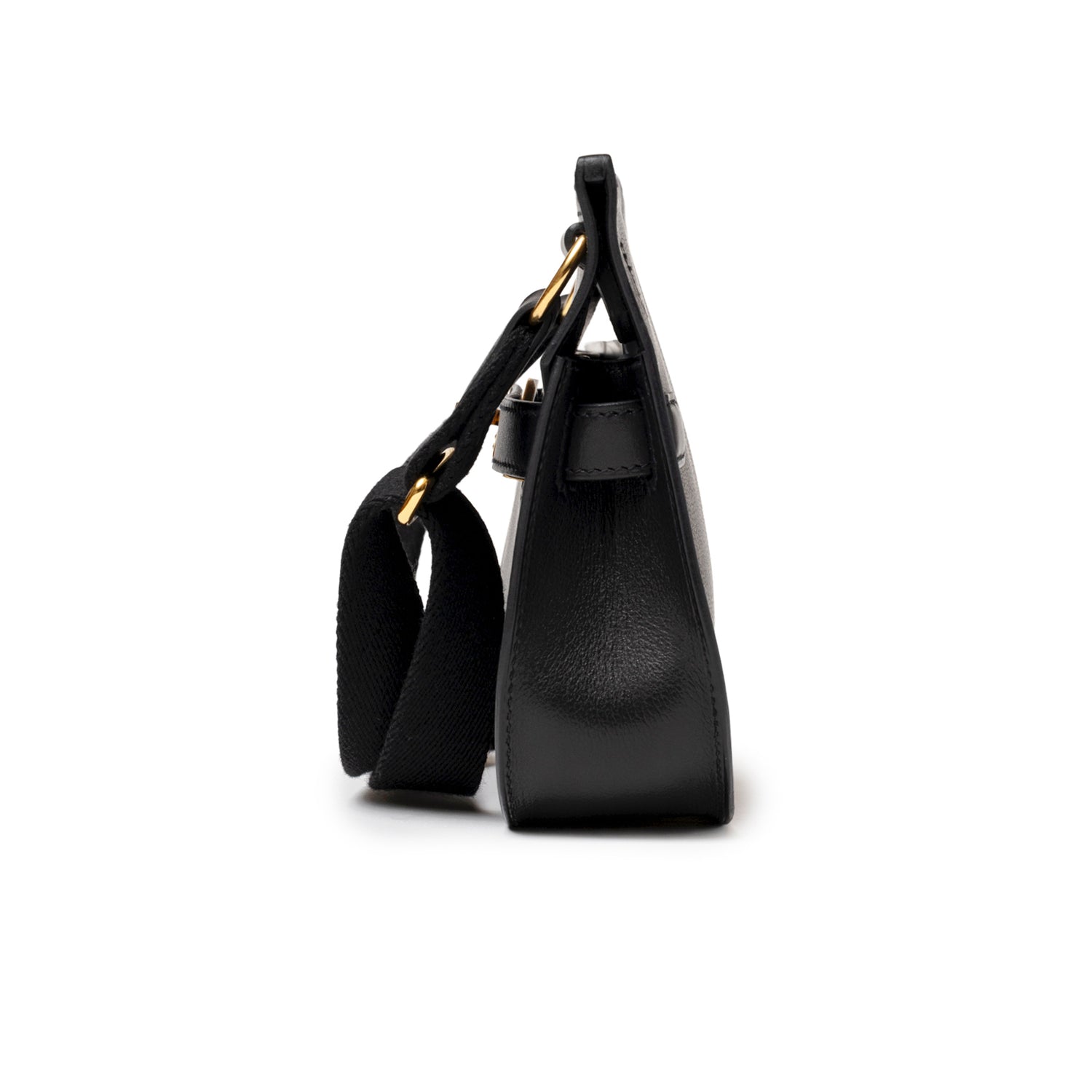 Side view of Hermès Jypsiere Mini Black Evergrain Gold Hardware showing structured leather and strap detail
