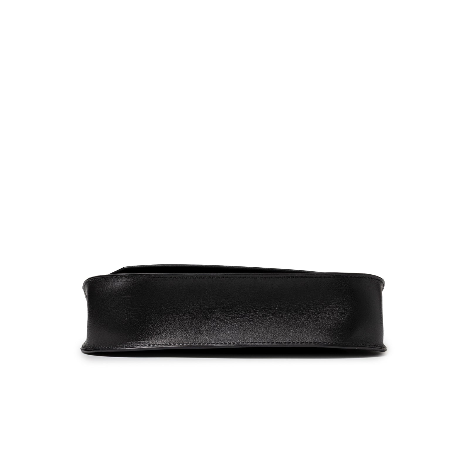 Bottom view showcasing smooth black leather base of Hermès Jypsiere Mini Black Evergrain Gold Hardware handbag