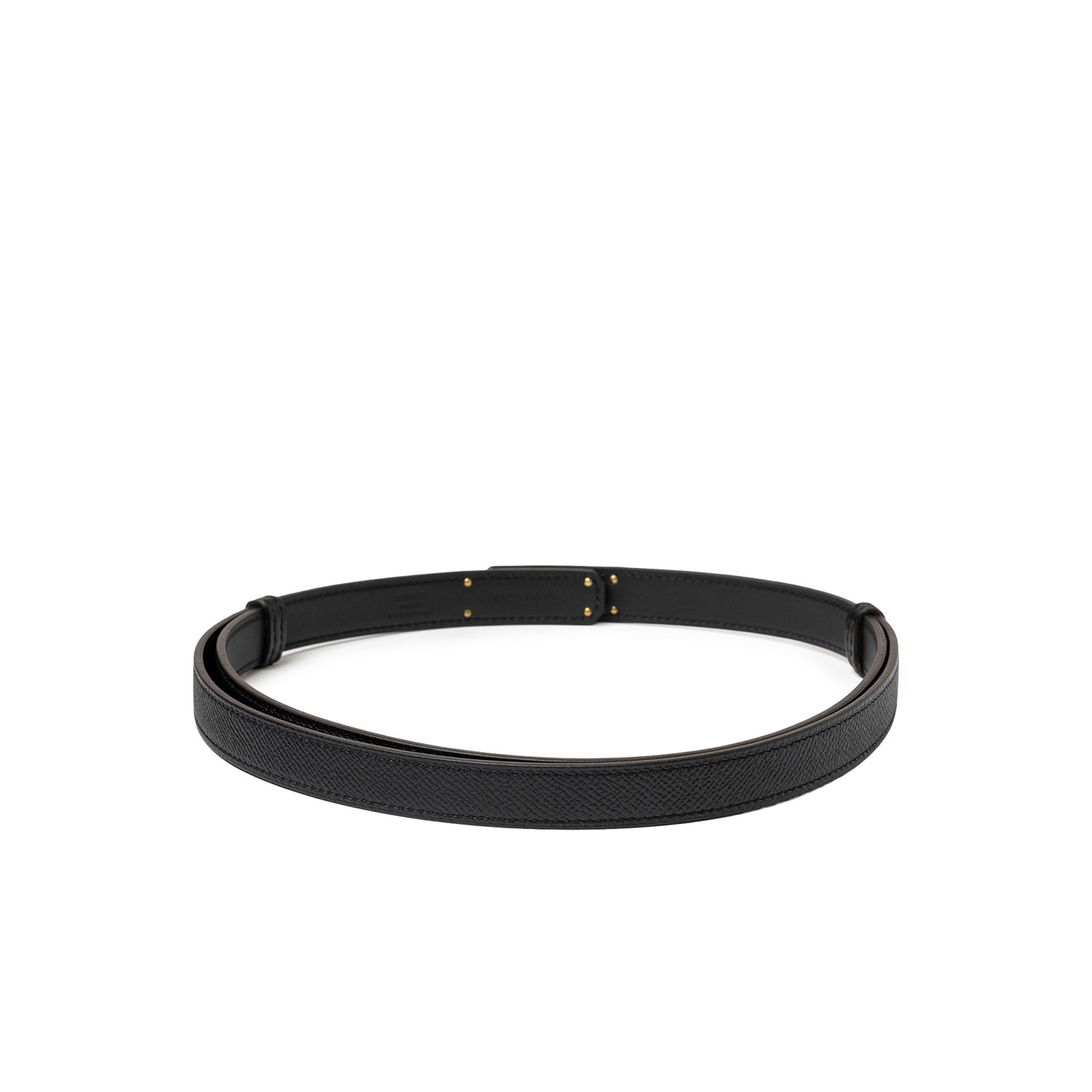 Back view of Hermès Kelly 18 Belt Black Epsom Rose Gold Hardware showing textured leather and clasp details.