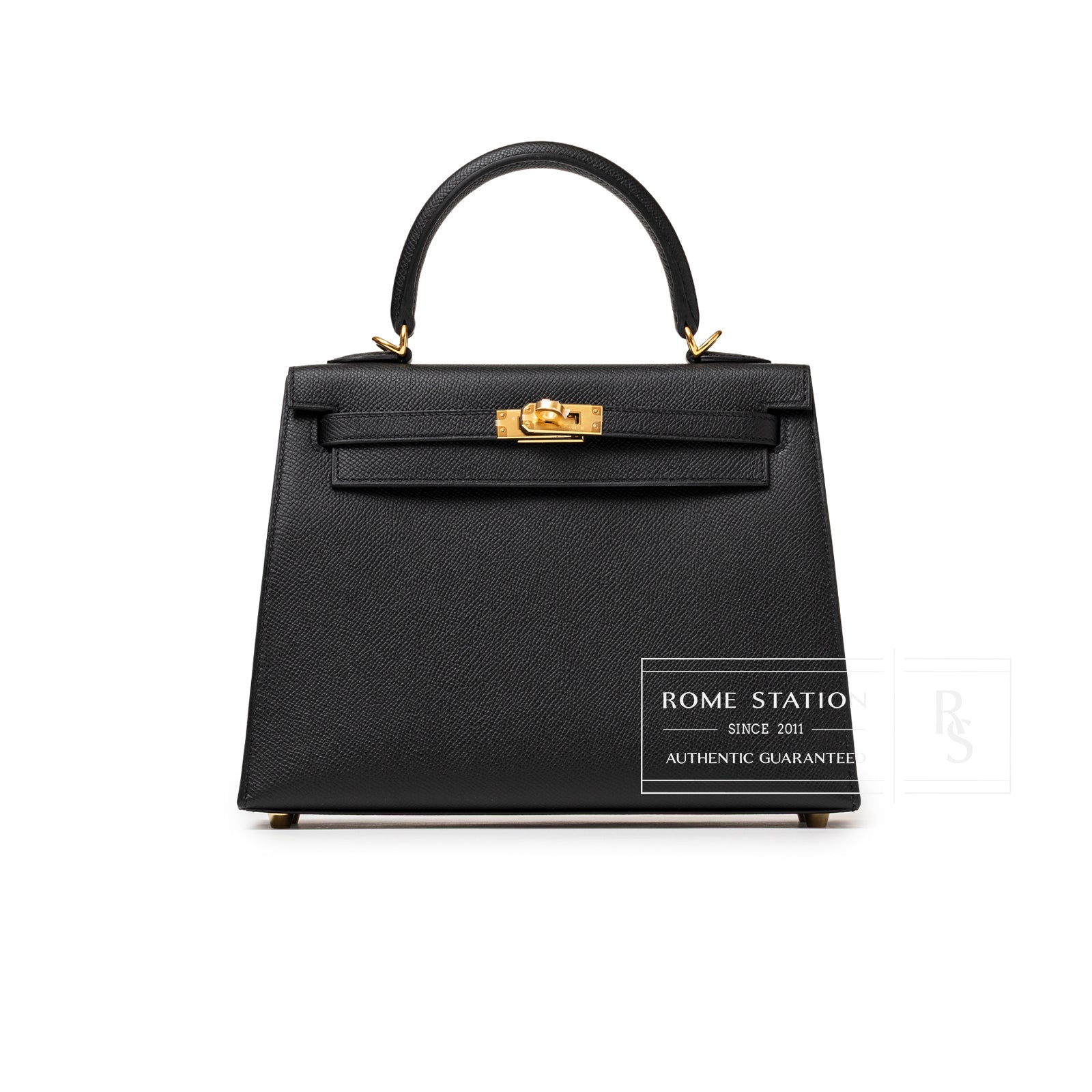 Front view of Hermès Kelly 25 Sellier Black Epsom Gold Hardware showing structured silhouette and clasp detail