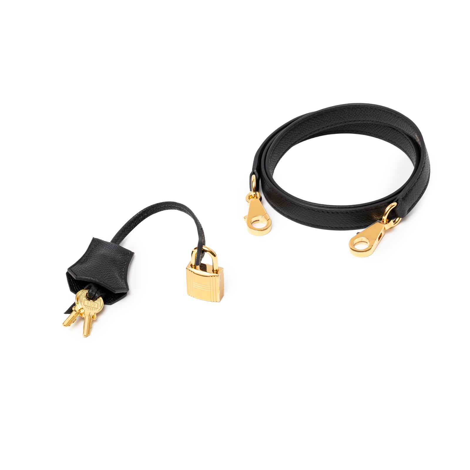 Gold padlock, two keys in black leather clochette, and black leather strap for Hermès Kelly 25 Sellier Black Epsom Gold Hardware