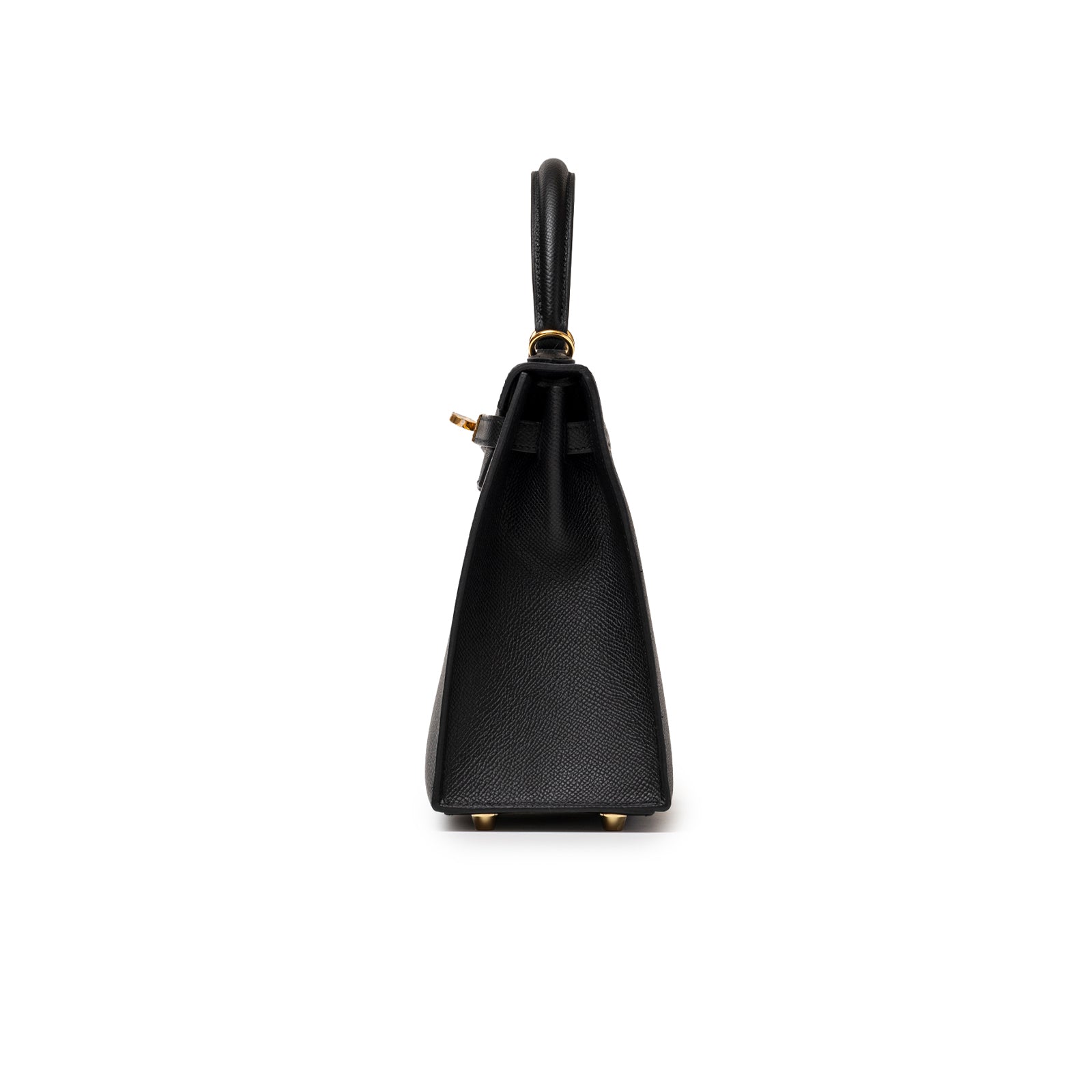 Side profile of Hermès Kelly 25 Sellier Black Epsom Gold Hardware showing structured silhouette and leather grain details
