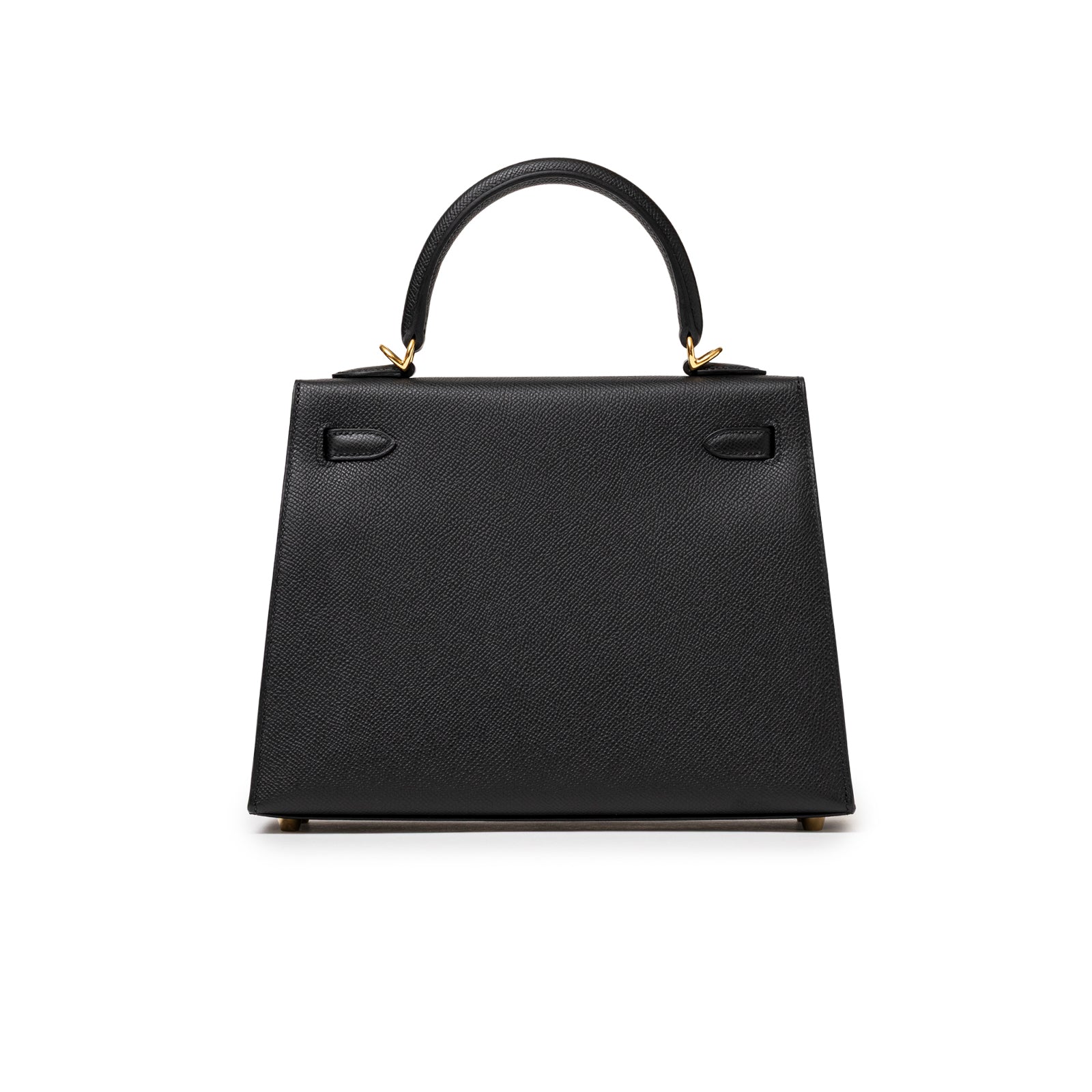 Back view of Hermès Kelly 25 Sellier Black Epsom Gold Hardware showing textured leather and handle details