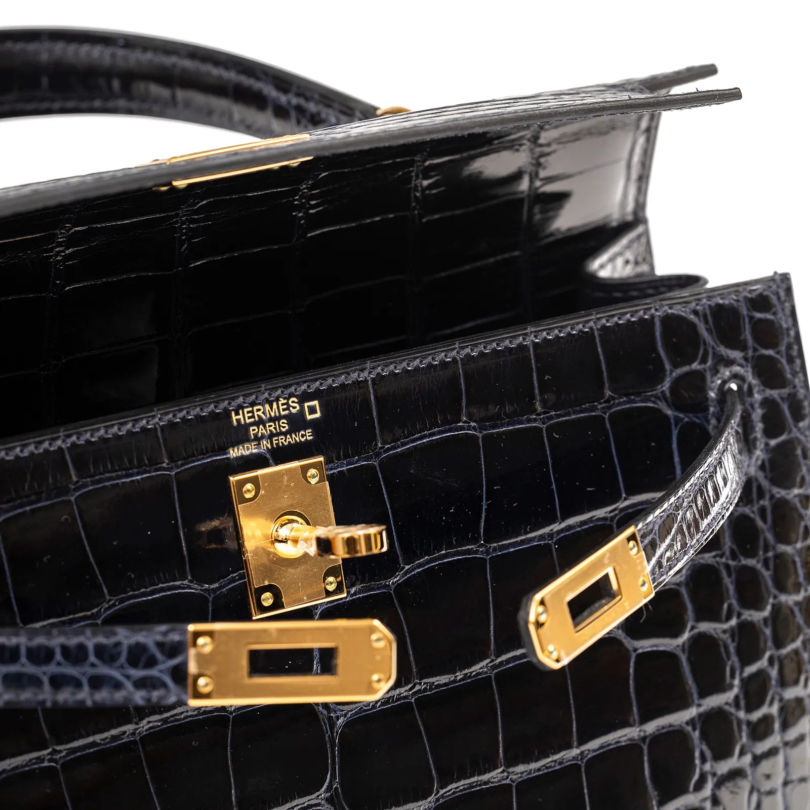Hermès Kelly 25 Sellier Blue Marine Shiny Alligator Gold Hardware
