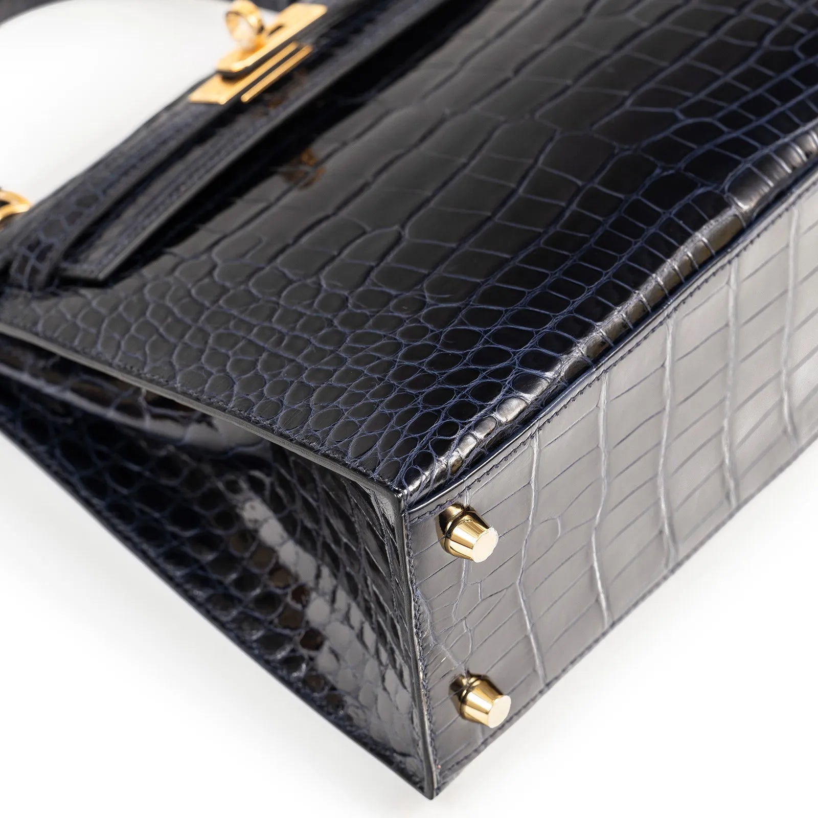 Hermès Kelly 25 Sellier Blue Marine Shiny Alligator Gold Hardware