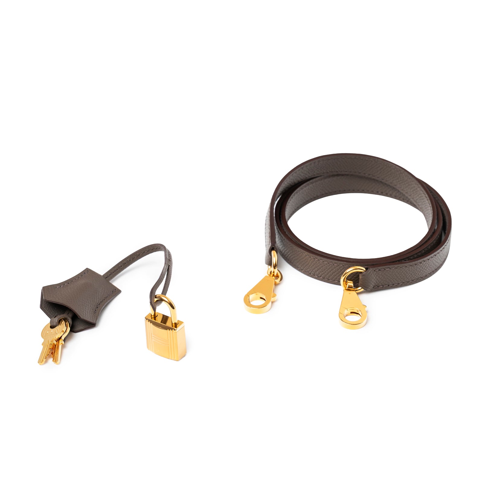 Gold lock and keys with leather clochette and detachable brown strap for Hermès Kelly 25 Sellier Etain Epsom Gold Hardware