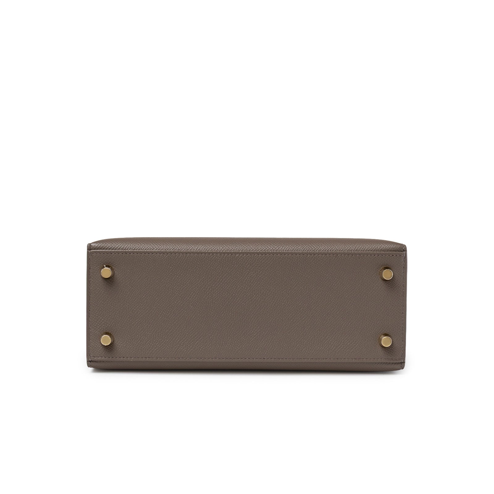 Base view of Hermès Kelly 25 Sellier Etain Epsom Gold Hardware showing textured leather and gold protective feet