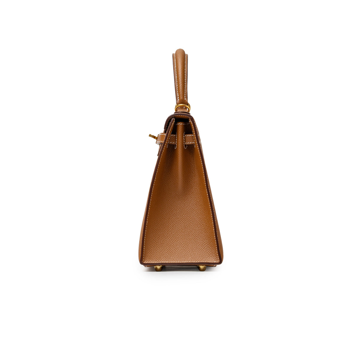 Hermès Kelly 25 Sellier Gold Epsom Gold Hardware side profile with structured gusset and feet