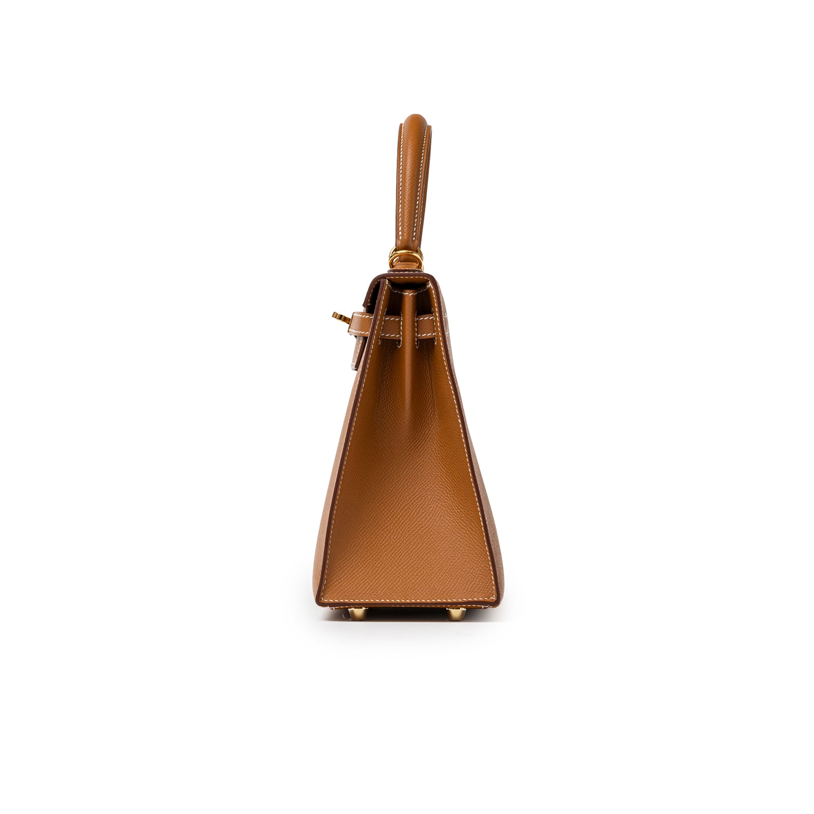 Hermès Kelly 25 Sellier Gold Epsom Gold Hardware side profile with top handle and gold feet