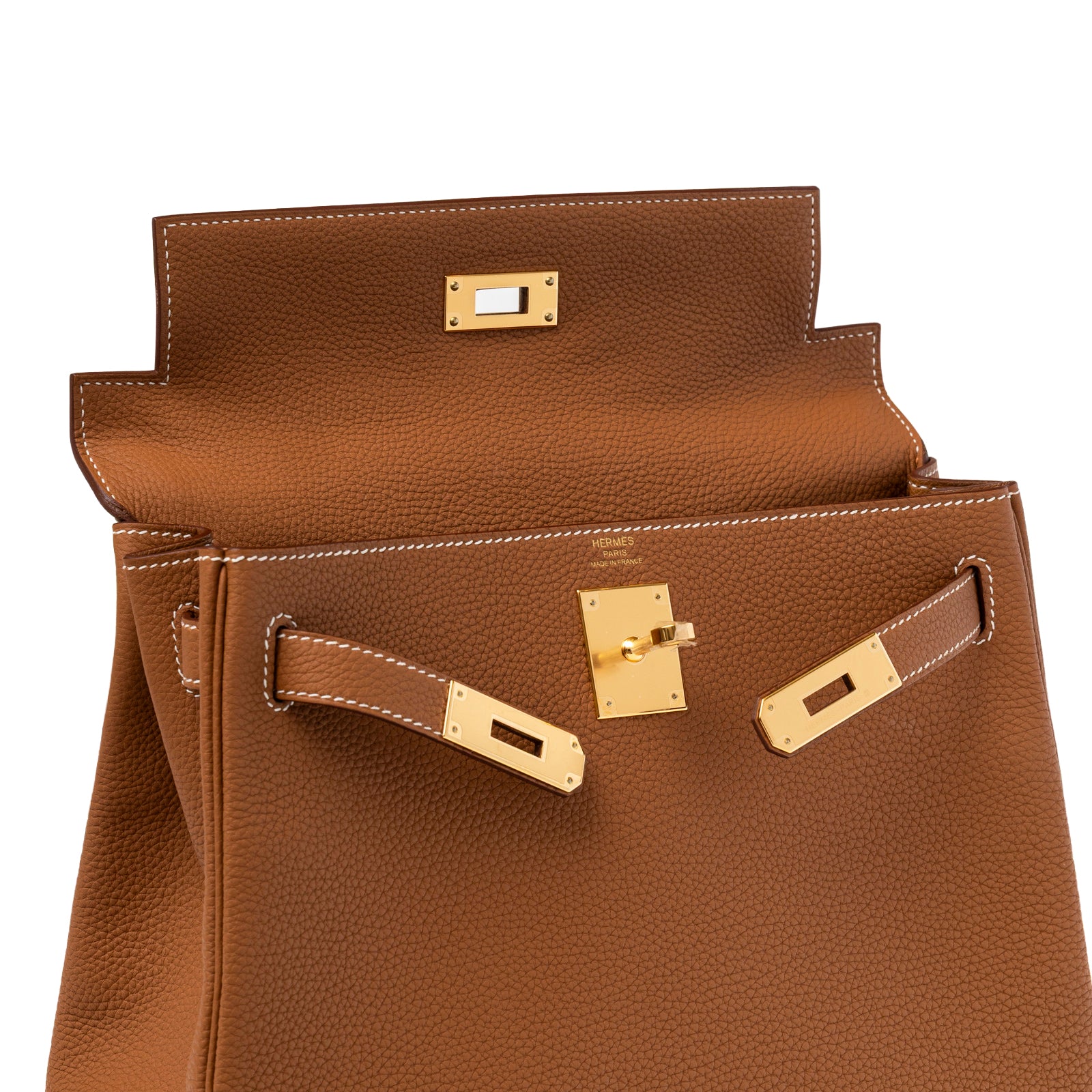 Hermès Kelly 28 Gold Retourne Togo Gold Hardware open flap and clasp detail