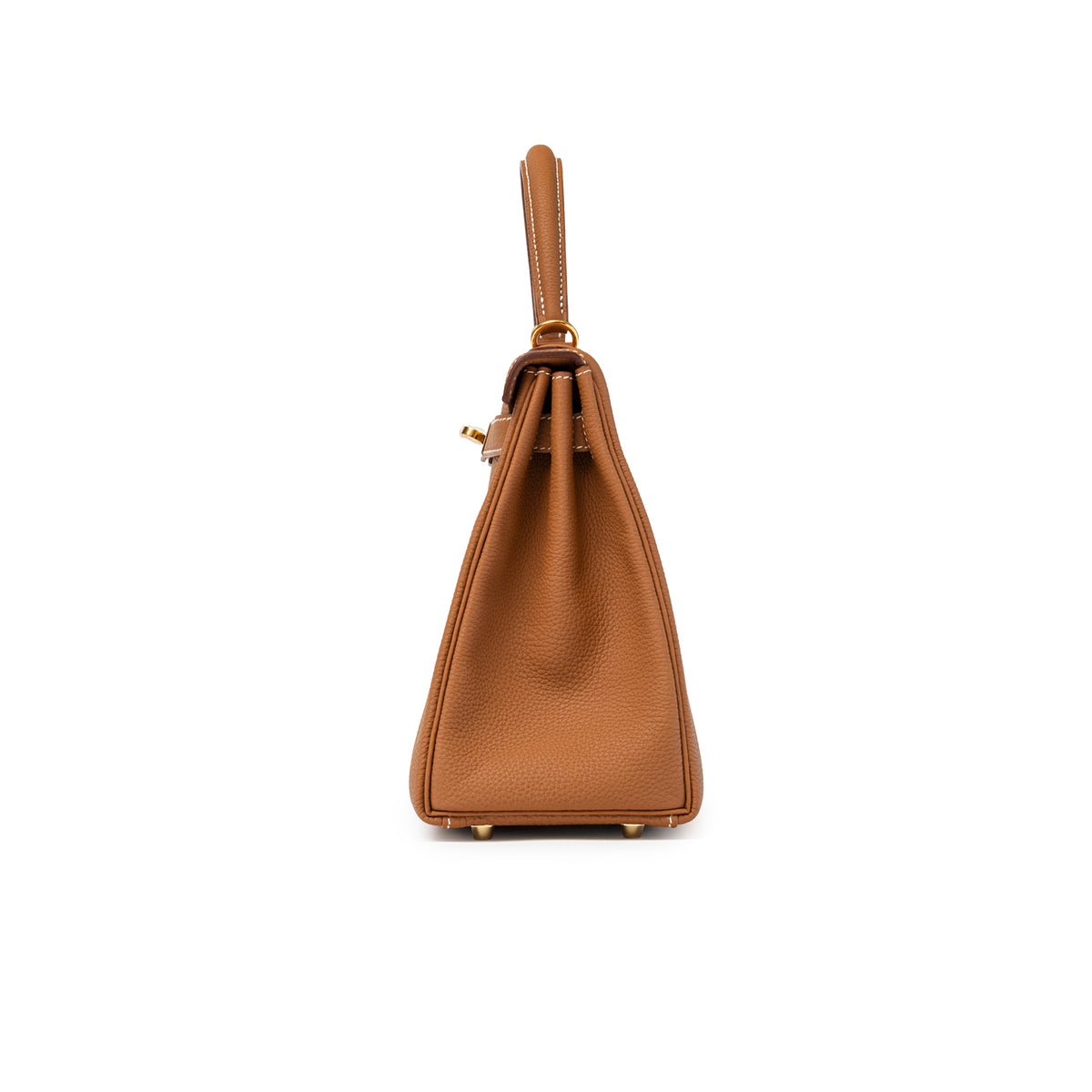 Hermès Kelly 28 Gold Retourne Togo Gold Hardware side profile view with top handle and feet