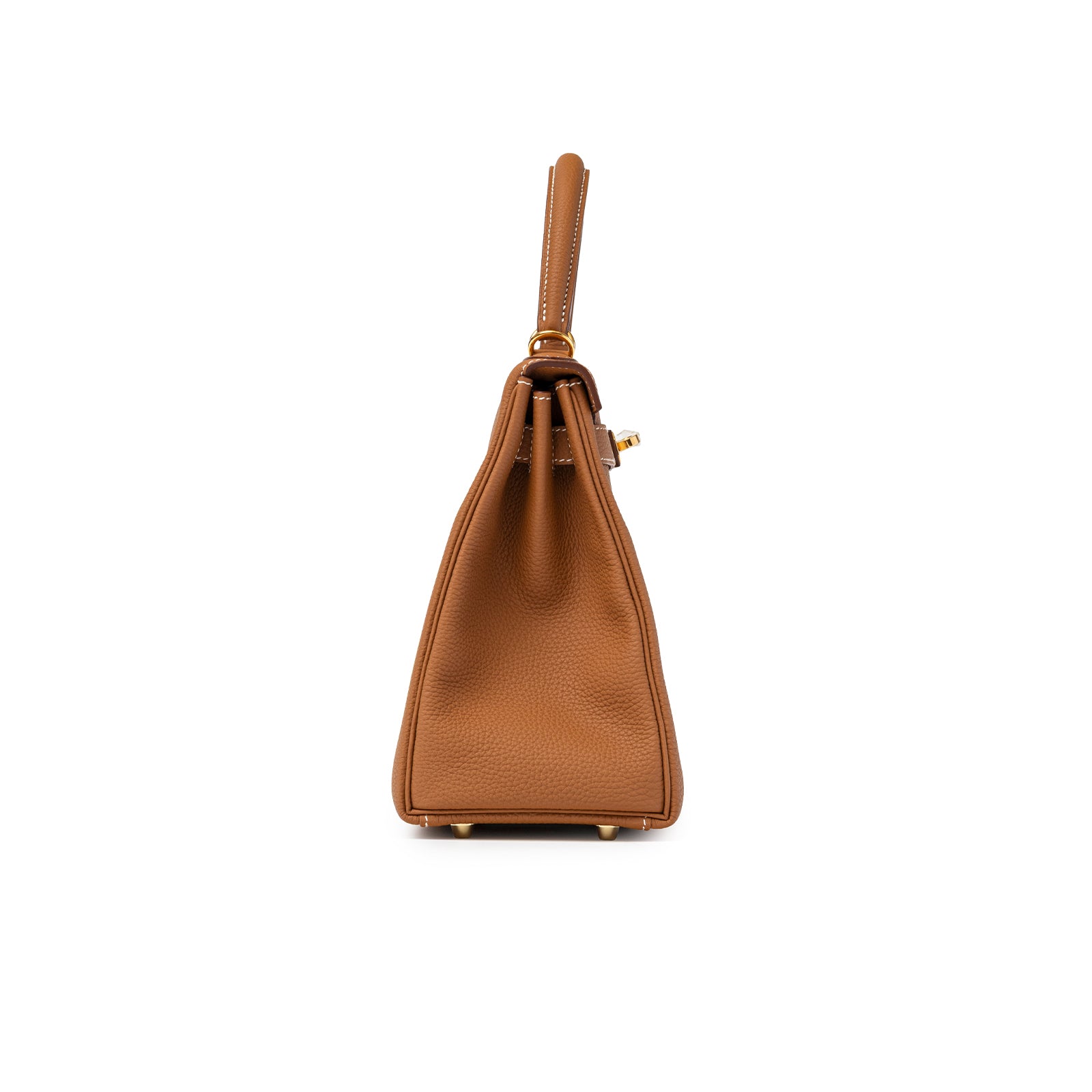 Hermès Kelly 28 Gold Retourne Togo Gold Hardware side view in brown leather