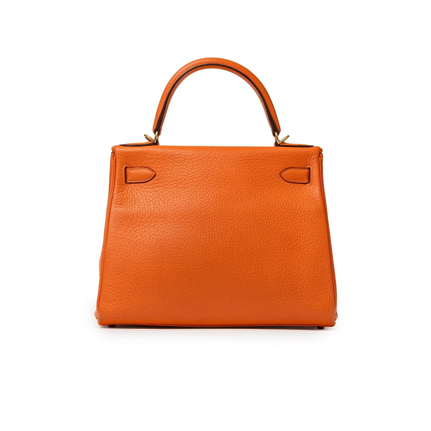 Back view of Hermès Kelly 28 Retourne Orange Clemence Gold Hardware showing pebbled leather texture and handle.