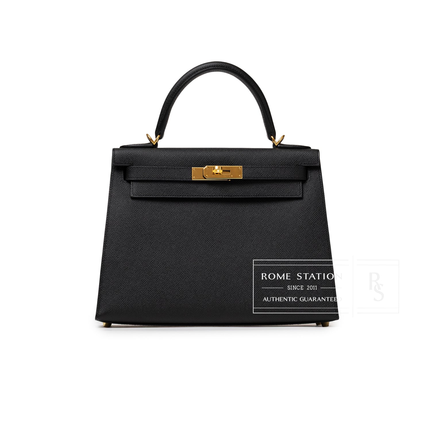 Front view of Hermès Kelly 28 Sellier Black Epsom Gold Hardware showing structured leather and clasp details