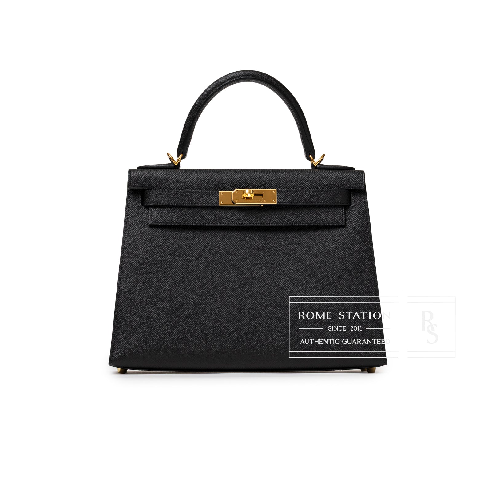 Front view of Hermès Kelly 28 Sellier Black Epsom Gold Hardware showing structured leather and clasp details