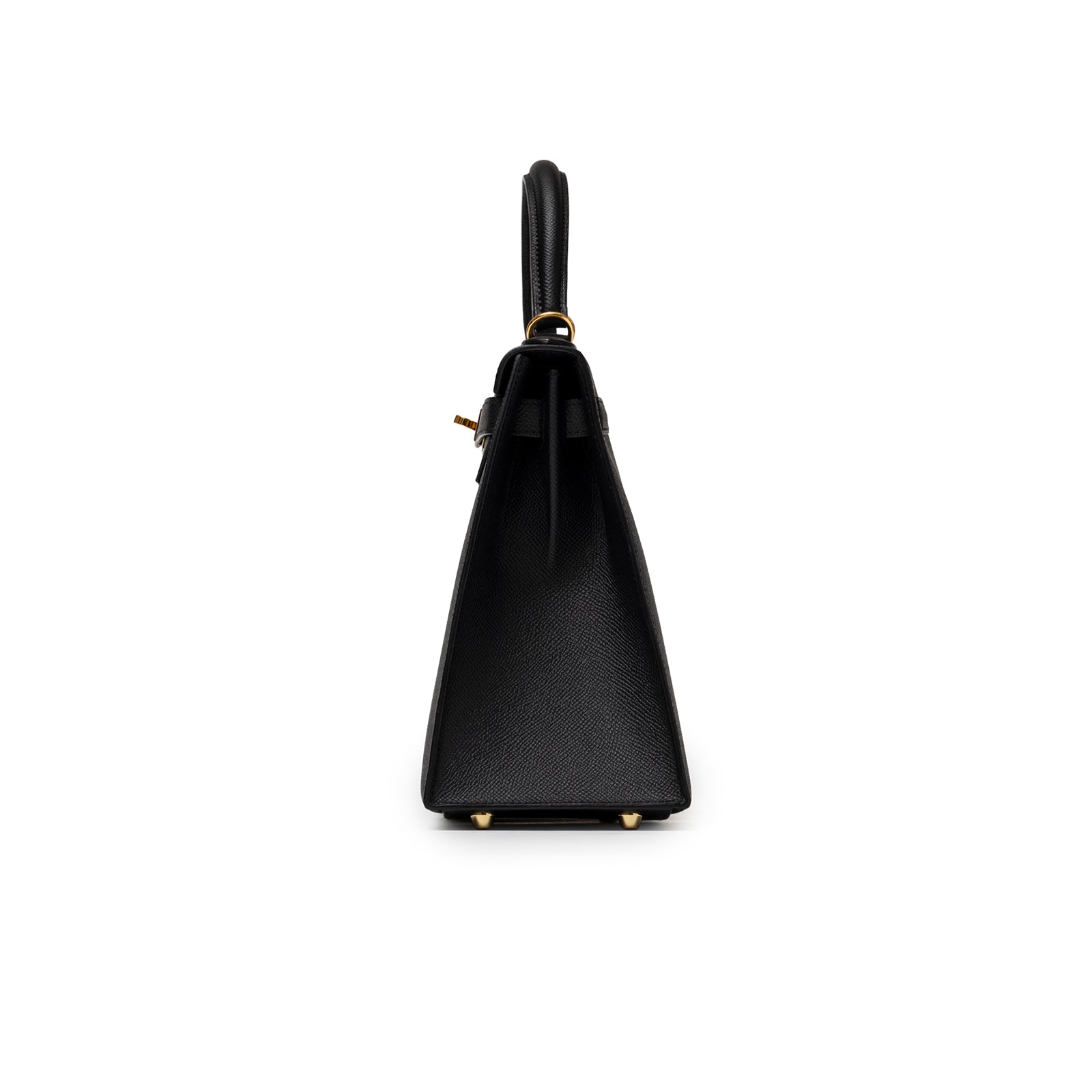 Side view of Hermès Kelly 28 Sellier Black Epsom Gold Hardware showing structured silhouette and smooth leather texture