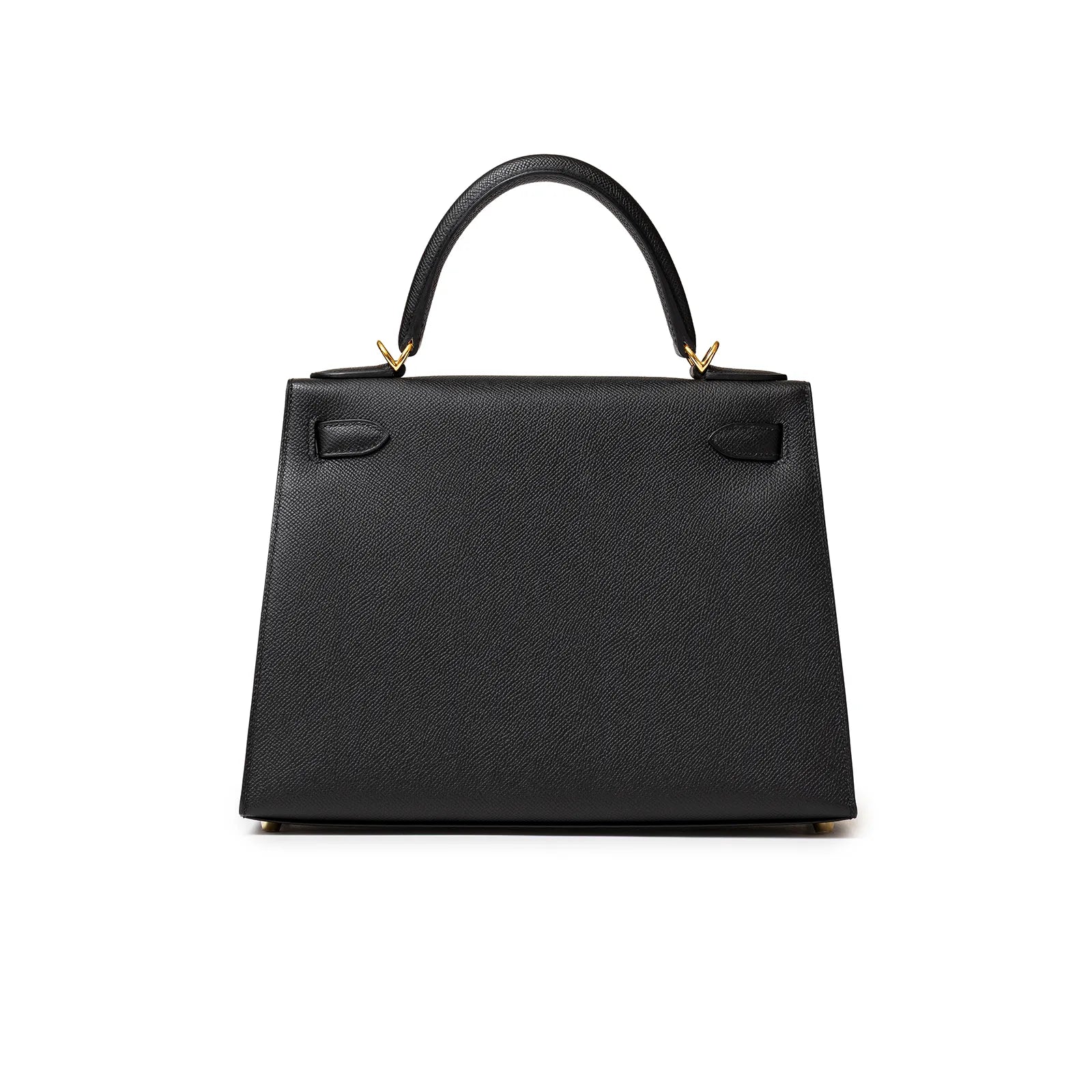 Back view of Hermès Kelly 28 Sellier Black Epsom Gold Hardware showing smooth leather texture and handle details