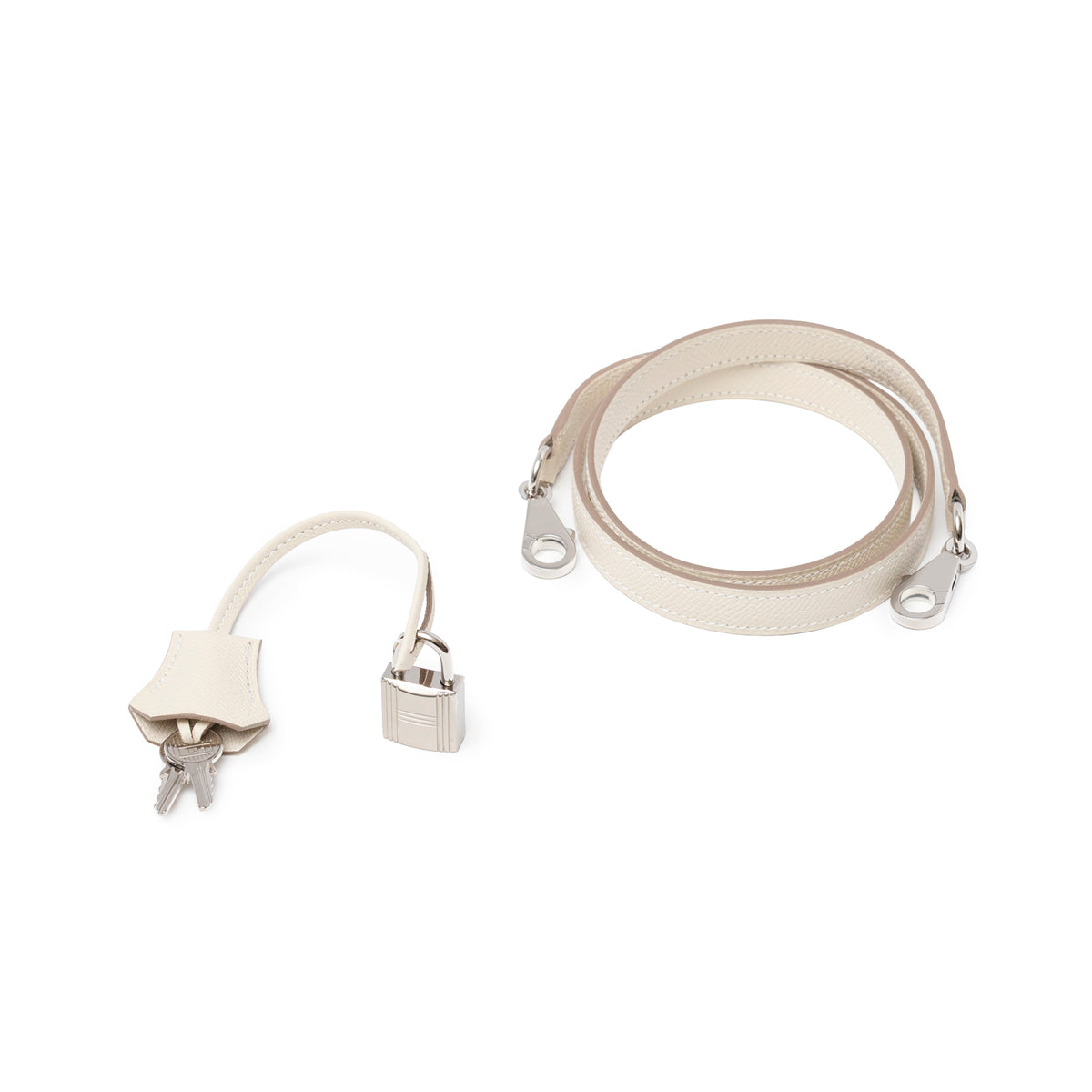 Hermès Kelly 28 Sellier Craie Epsom Palladium Hardware leather strap with lock and key holder accessory