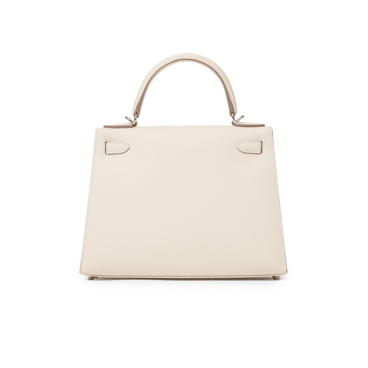 Back view of Hermès Kelly 28 Sellier Craie Epsom Palladium Hardware handbag with single top handle visible