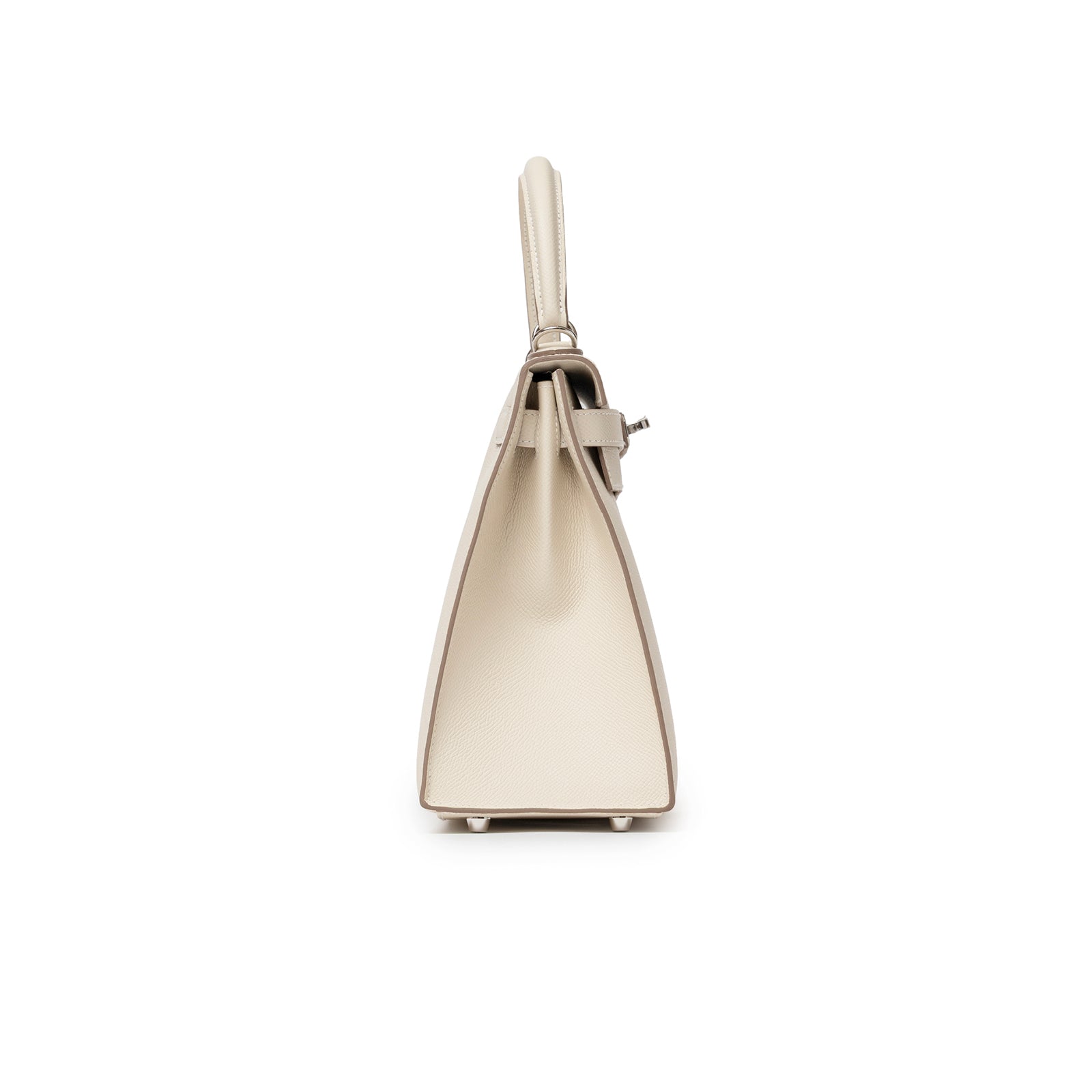 Side profile of Hermès Kelly 28 Sellier Craie Epsom Palladium Hardware in light beige leather