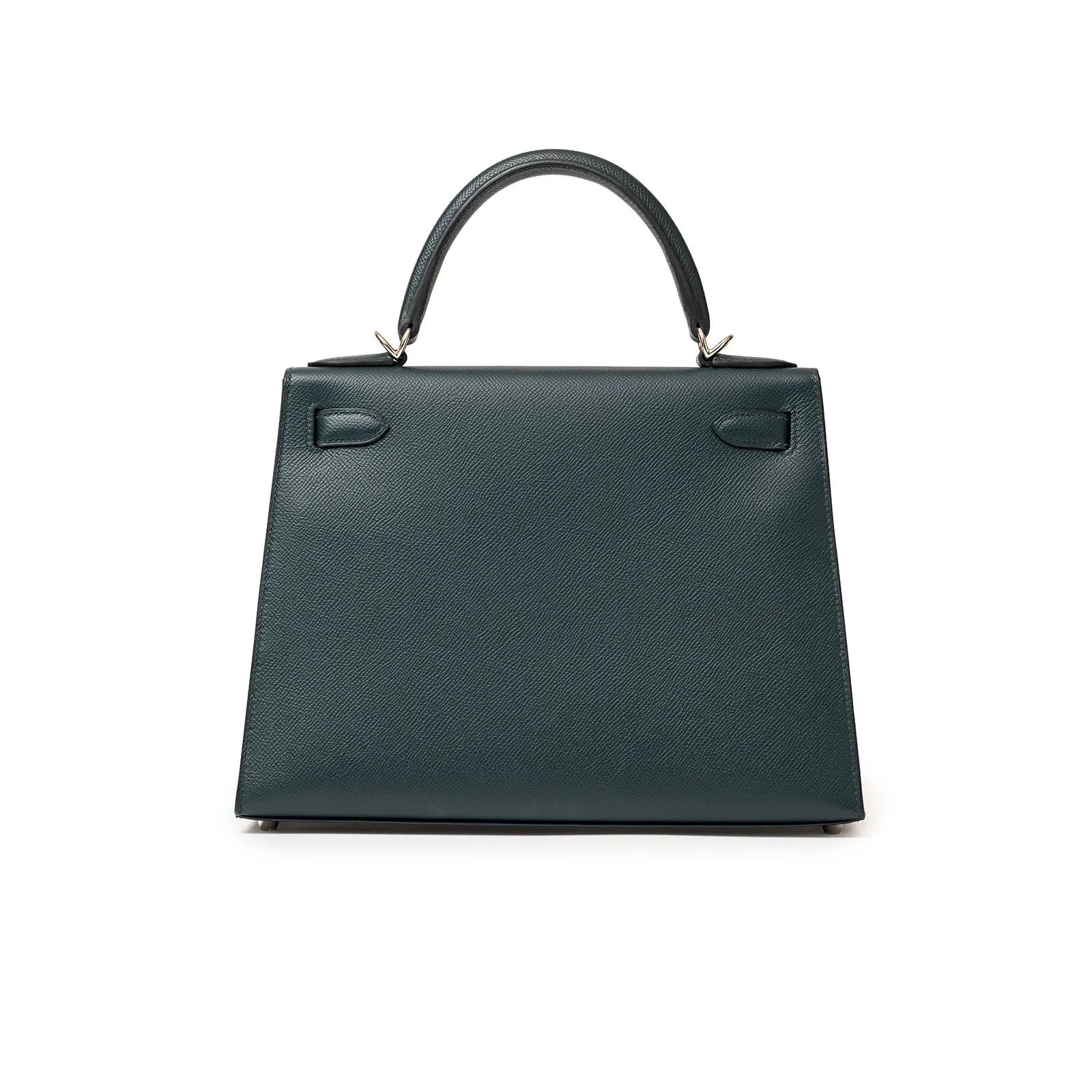 Back view of Hermès Kelly 28 Sellier Lettre H Vert Cypress/Bleu Obscur/Malachite Veau Epsom Palladium Hardware handbag