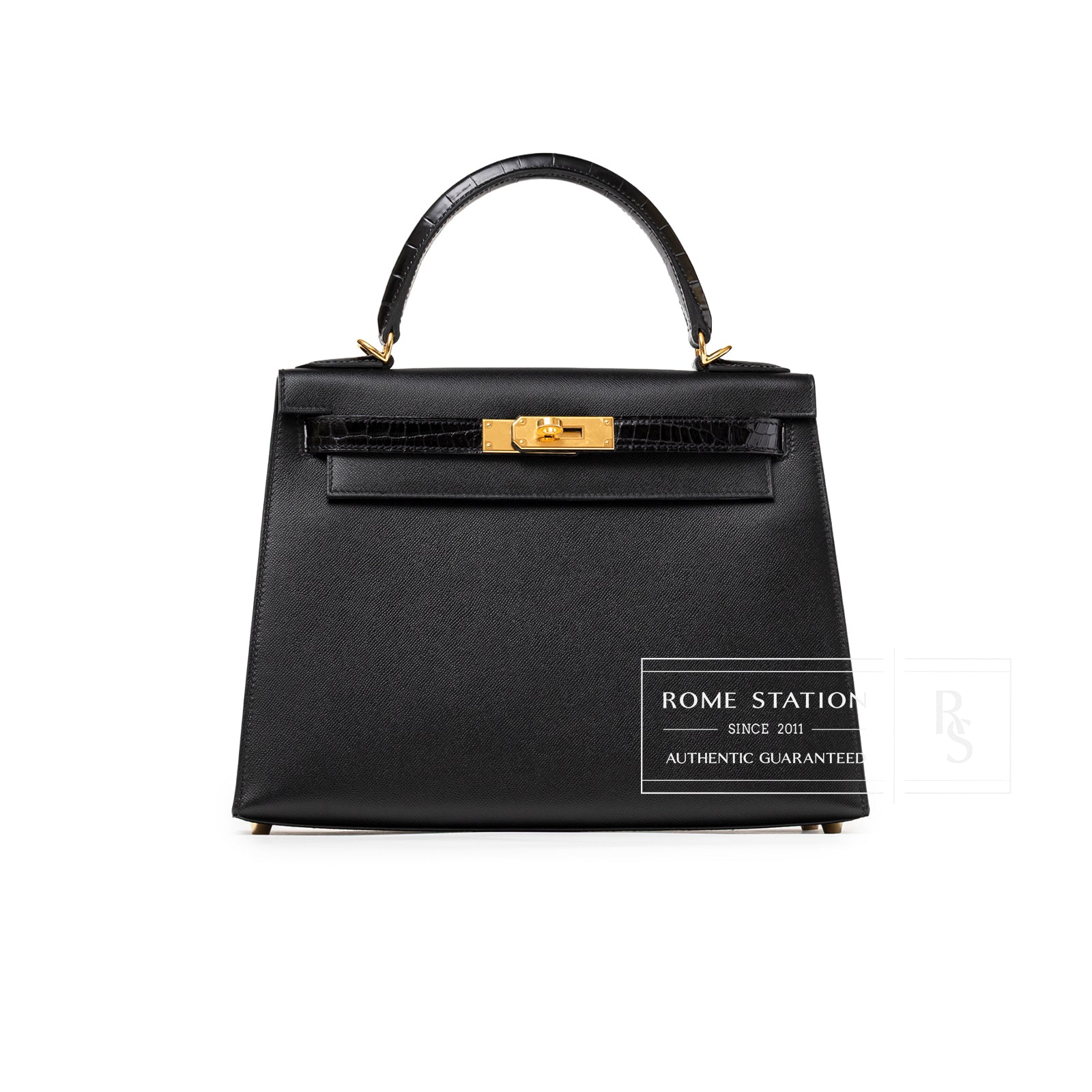 Front view of Hermès Kelly 28 Sellier Touch Black Madame Shiny Niloticus Crocodile Gold Hardware showing structured silhouette and handle