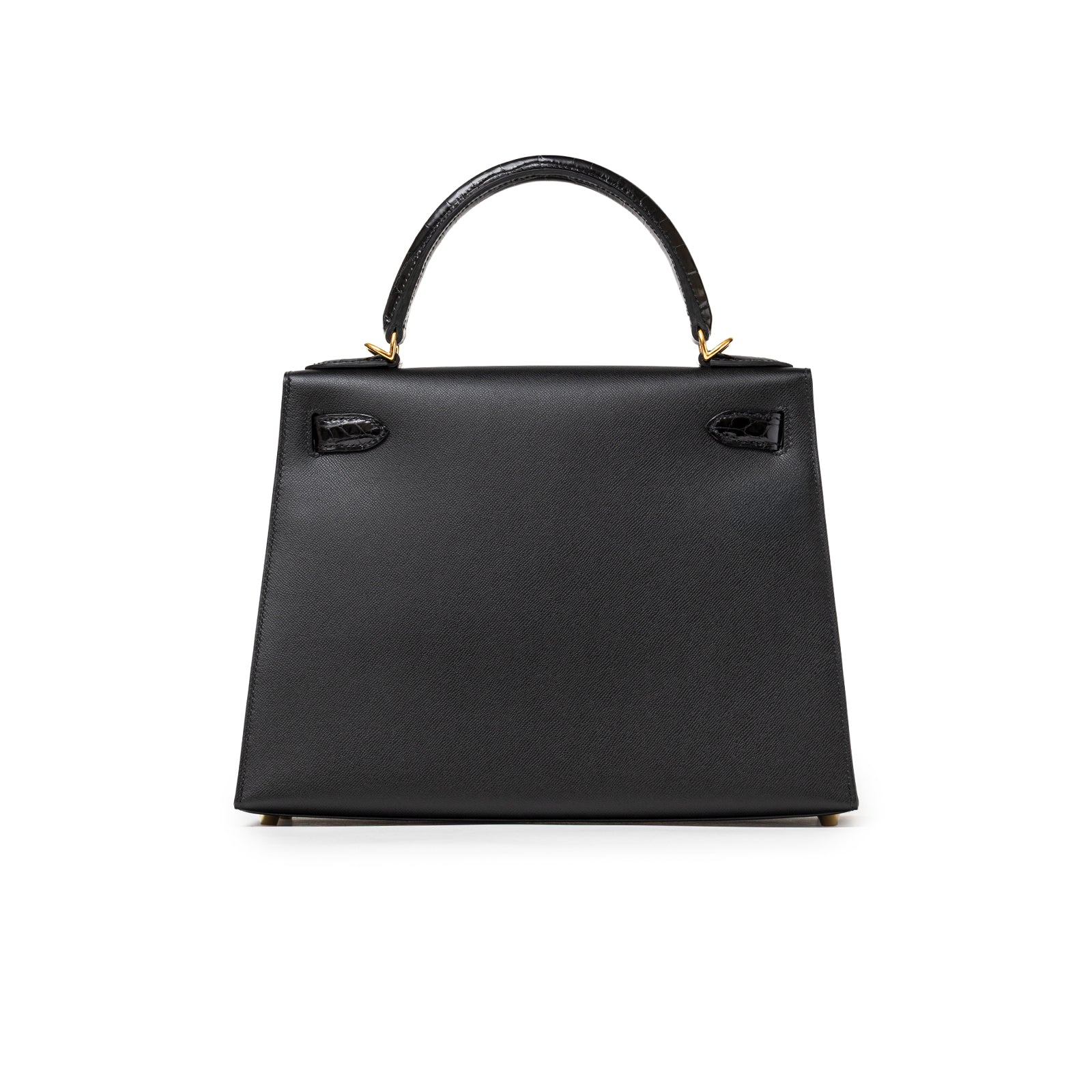 Back view of Hermès Kelly 28 Sellier Touch Black Madame Shiny Niloticus Crocodile Gold Hardware handbag showing smooth leather surface and handle