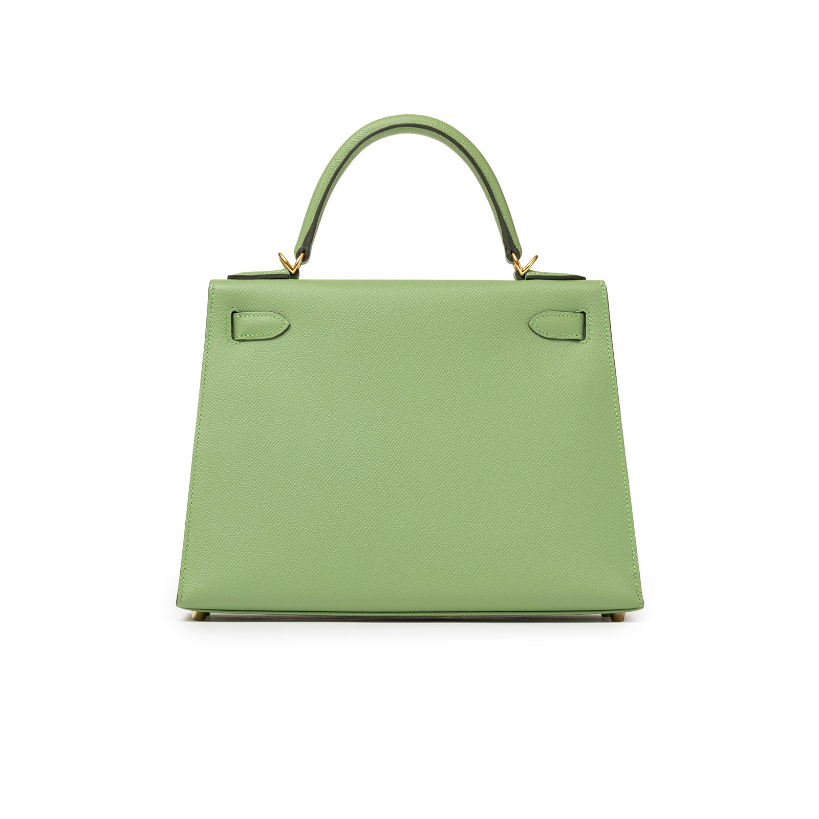 Back view of Hermès Kelly 28 Sellier Vert Criquet Epsom Gold Hardware showing smooth green leather and top handle.