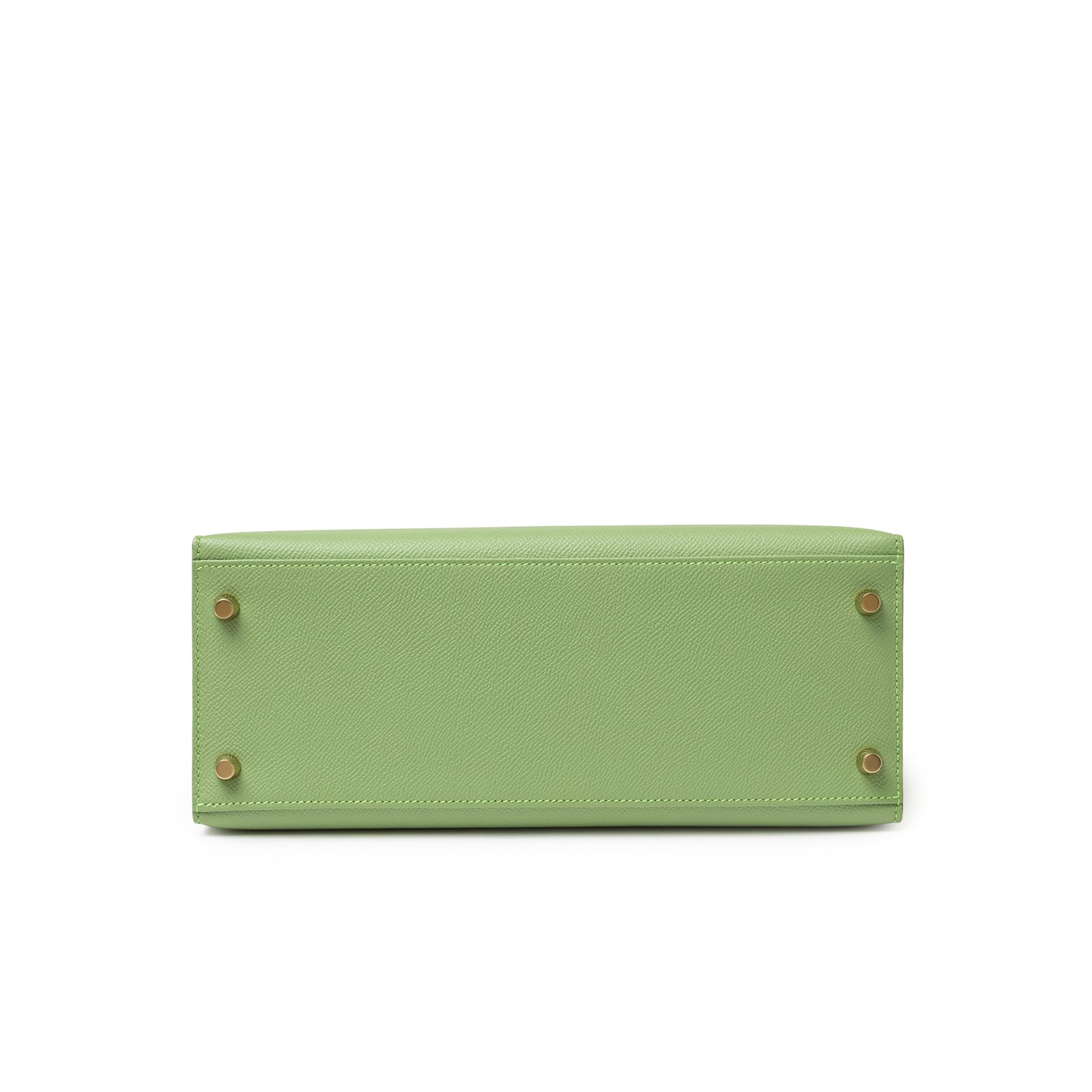Bottom view showing green textured Epsom leather and gold metal feet on Hermès Kelly 28 Sellier Vert Criquet Epsom Gold Hardware