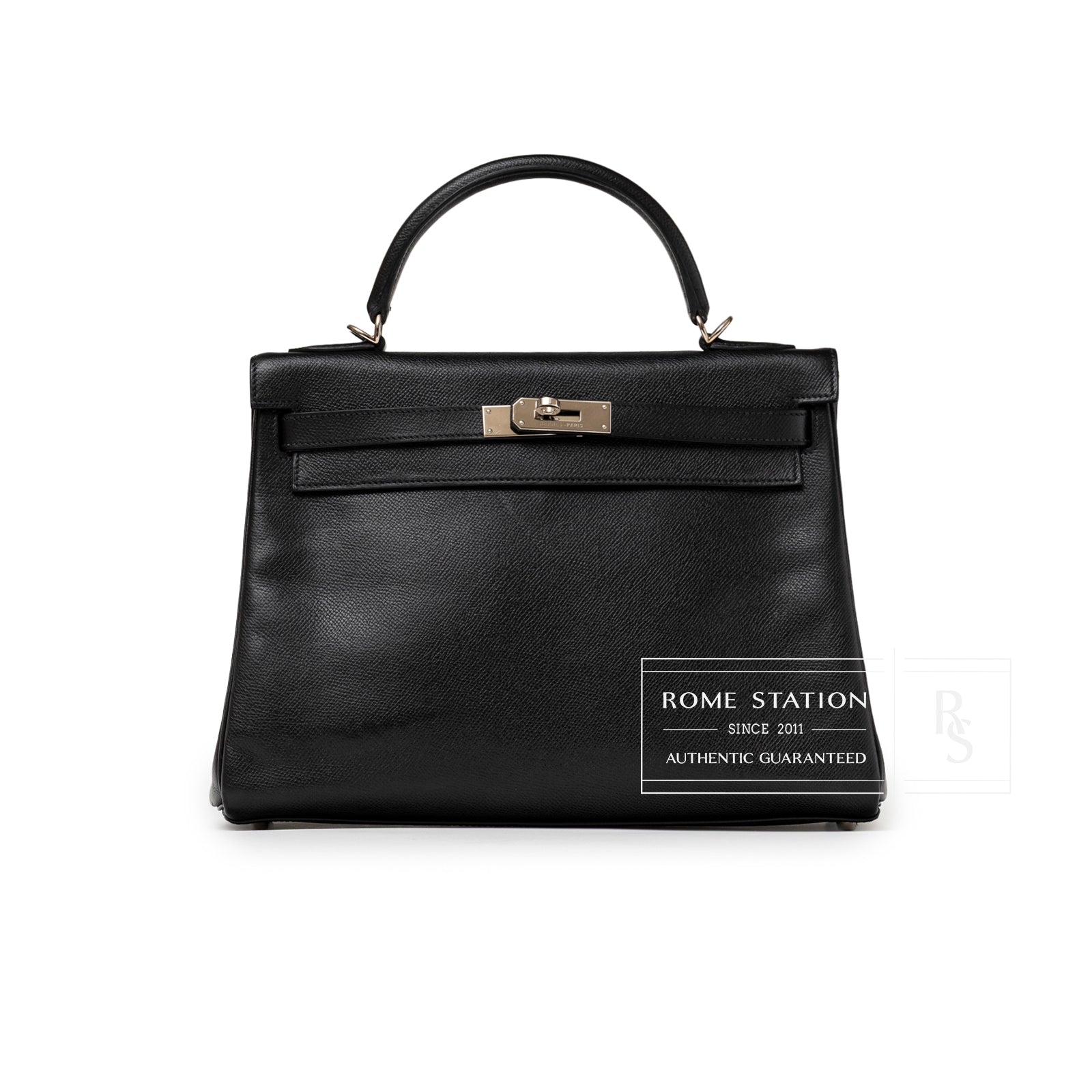 Front view of Hermès Kelly 32 Black Epsom Palladium Hardware displaying smooth leather and polished clasp detail