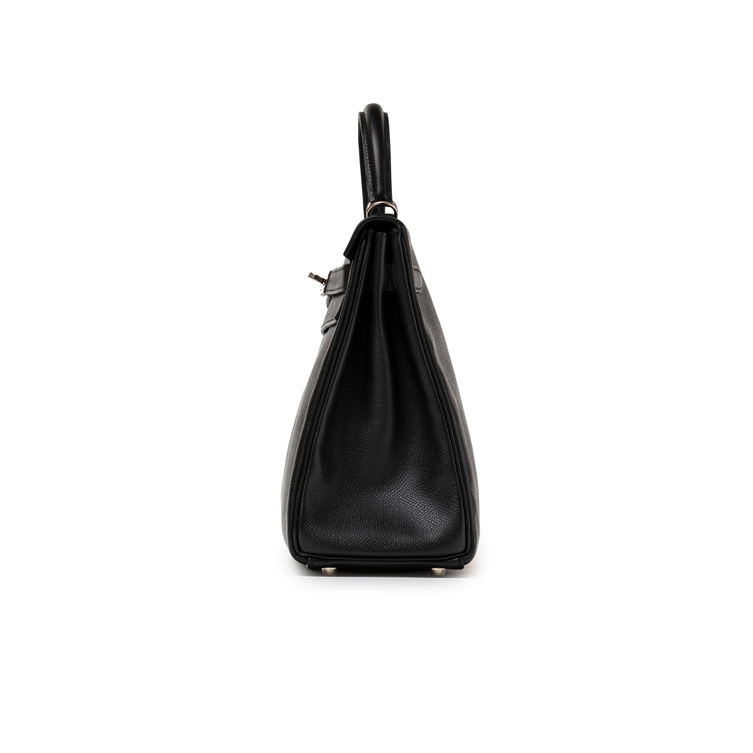 Side profile of Hermès Kelly 32 Black Epsom Palladium Hardware showing structured black leather and handle design