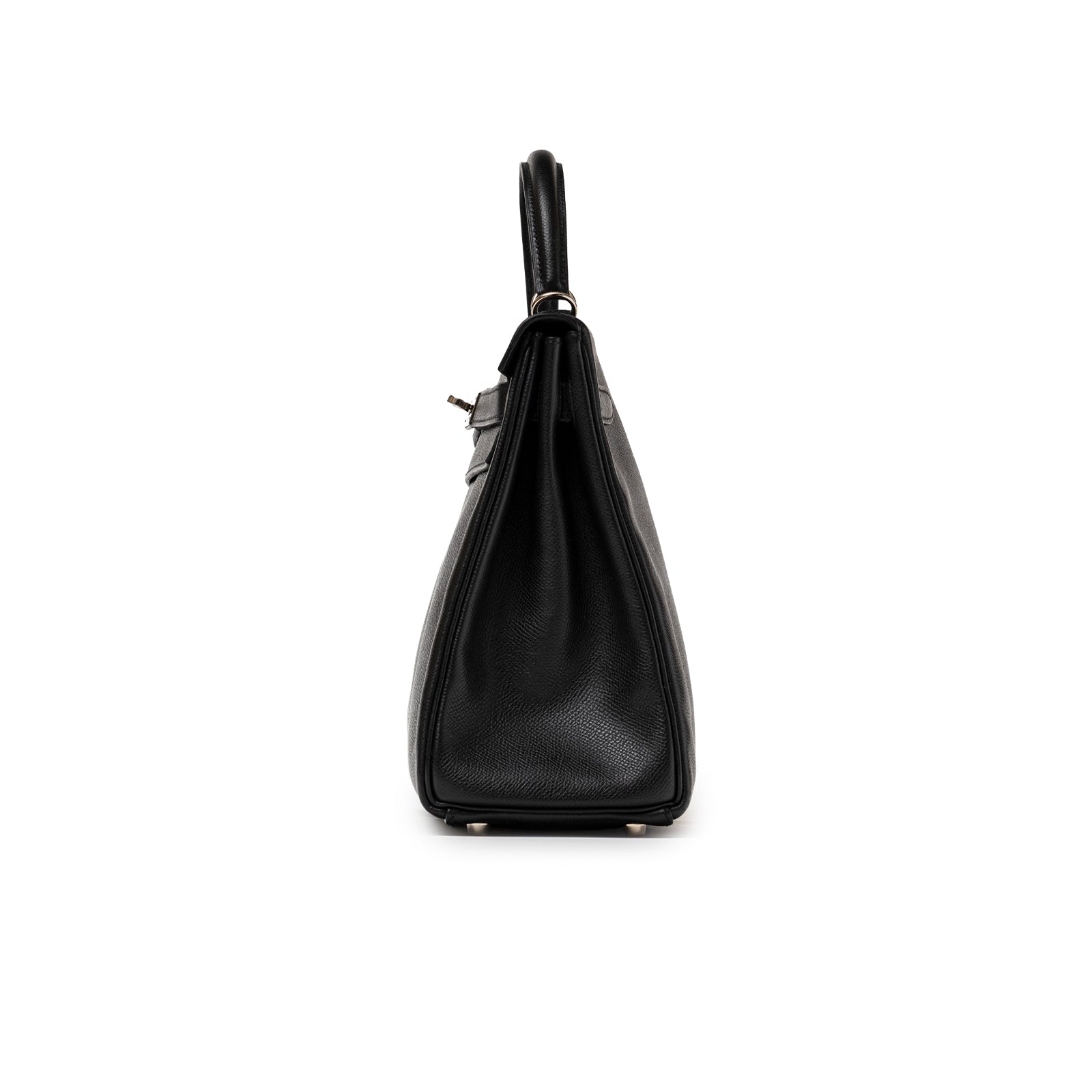 Side profile of Hermès Kelly 32 Black Epsom Palladium Hardware showing structured black leather and handle design