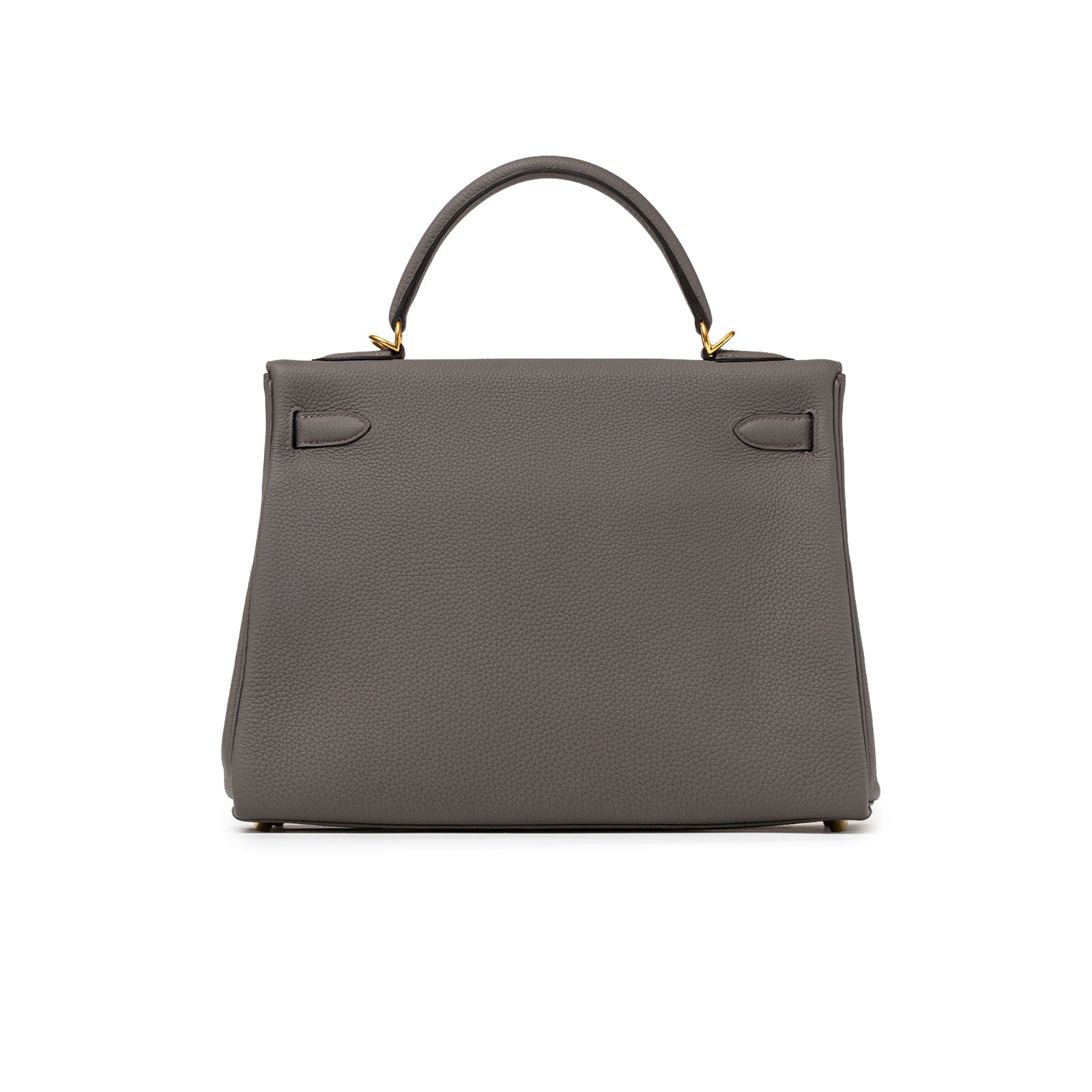Back view of Hermès Kelly 32 Retourne Etain Togo Gold Hardware handbag in smooth grey leather