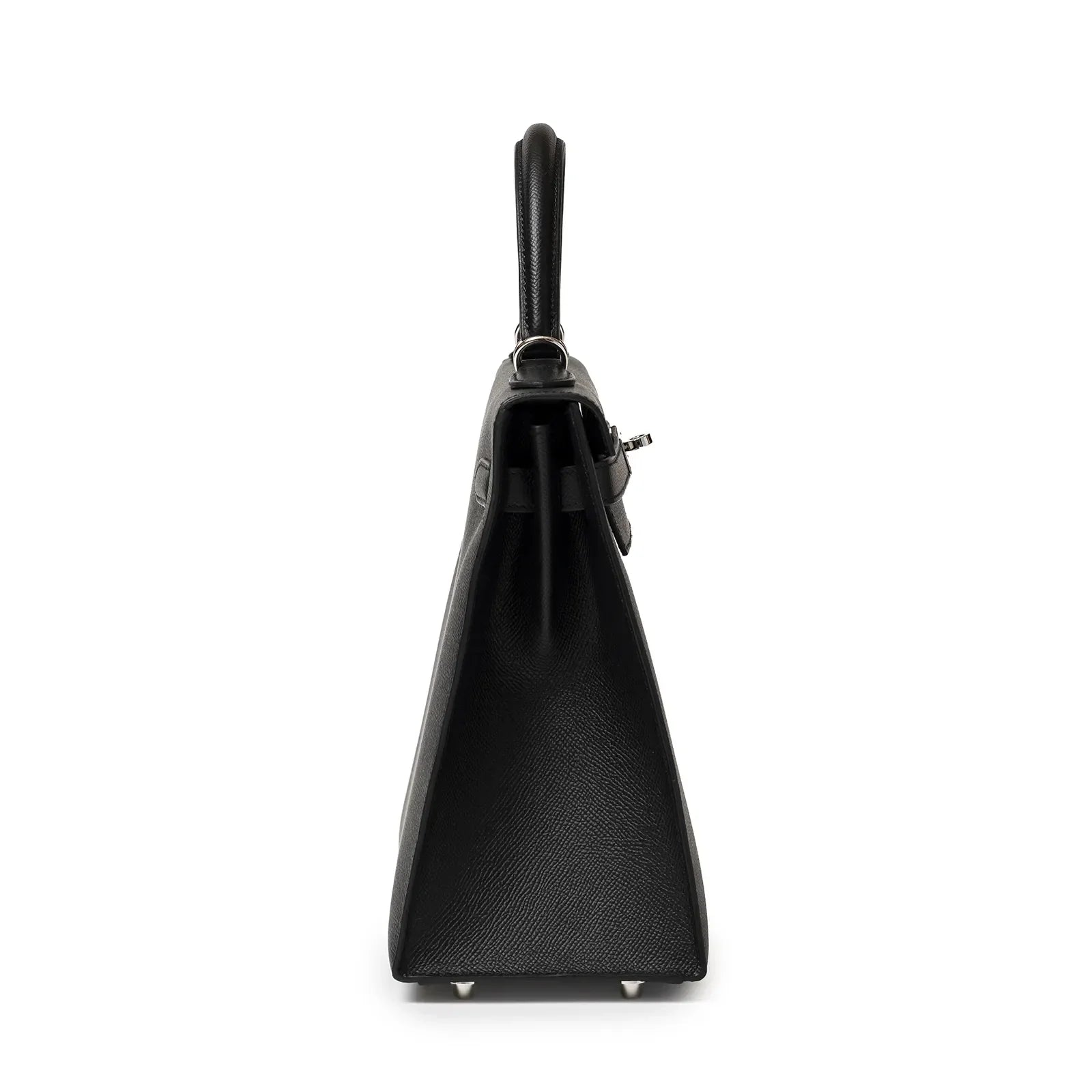 Side view of Hermès Kelly 32 Sellier Black Epsom Palladium Hardware showing leather texture and structured silhouette
