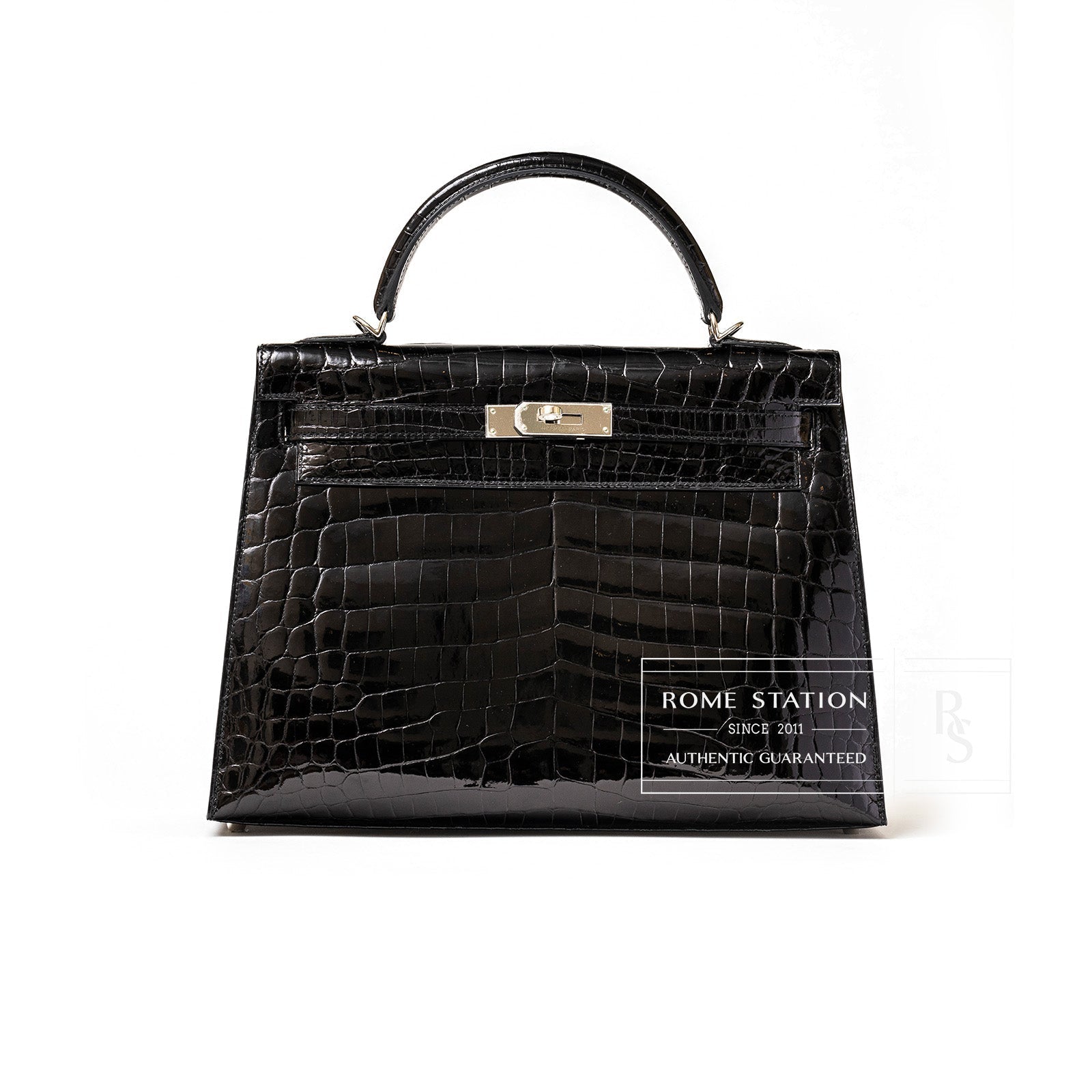 Hermès Kelly 32 Sellier Black Shiny Niloticus Crocodile Palladium Hardware