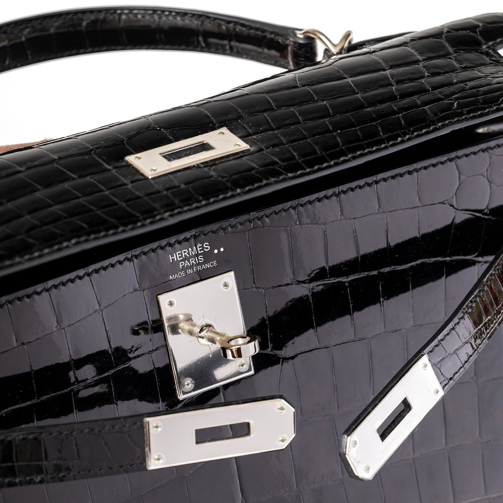 Hermès Kelly 32 Sellier Black Shiny Niloticus Crocodile Palladium Hardware