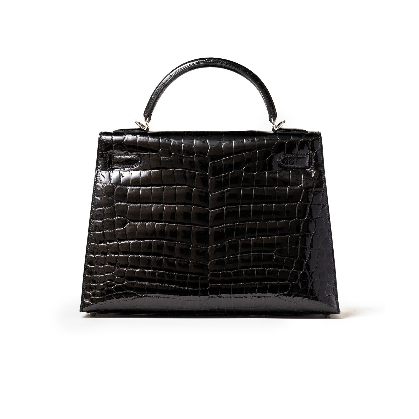 Hermès Kelly 32 Sellier Black Shiny Niloticus Crocodile Palladium Hardware