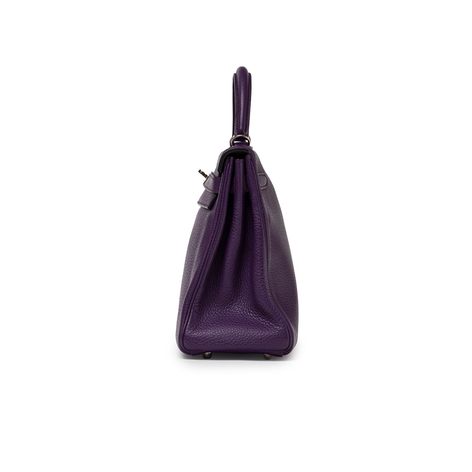 Side profile of Hermès Kelly 32 Violet Togo Palladium Hardware showing pebbled leather texture and handle detail