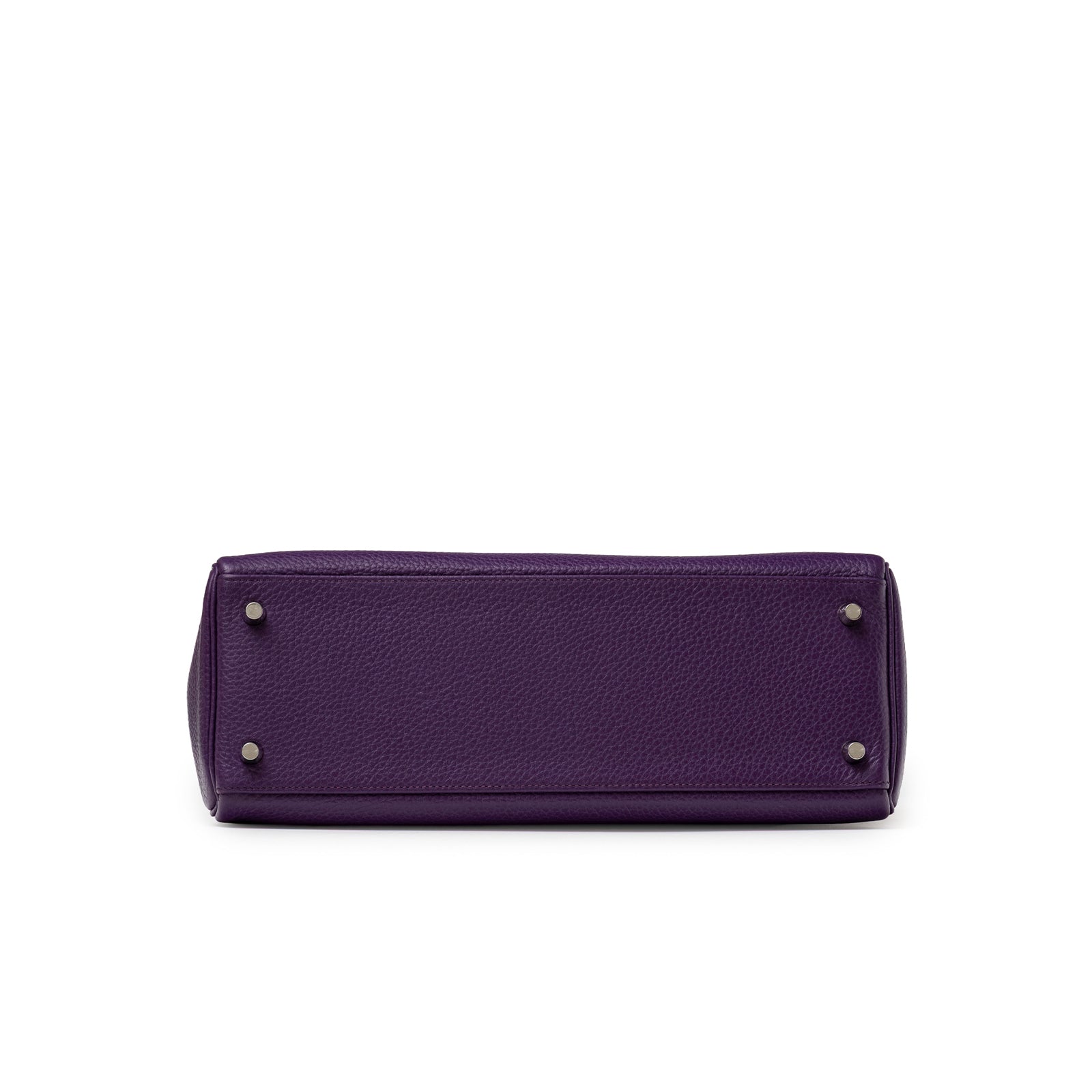 Bottom view of Hermès Kelly 32 Violet Togo Palladium Hardware displaying textured leather and protective metal feet
