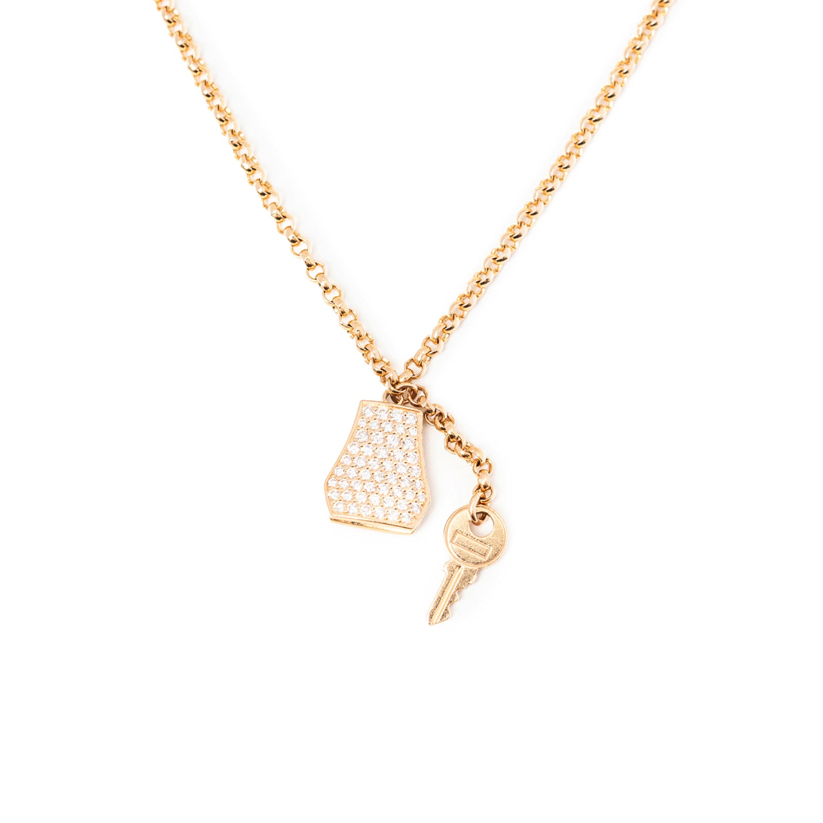 Close-up of Hermès Kelly Clochette Bracelet 18K Rose Gold Diamonds showing key and pavé diamond charm on chain
