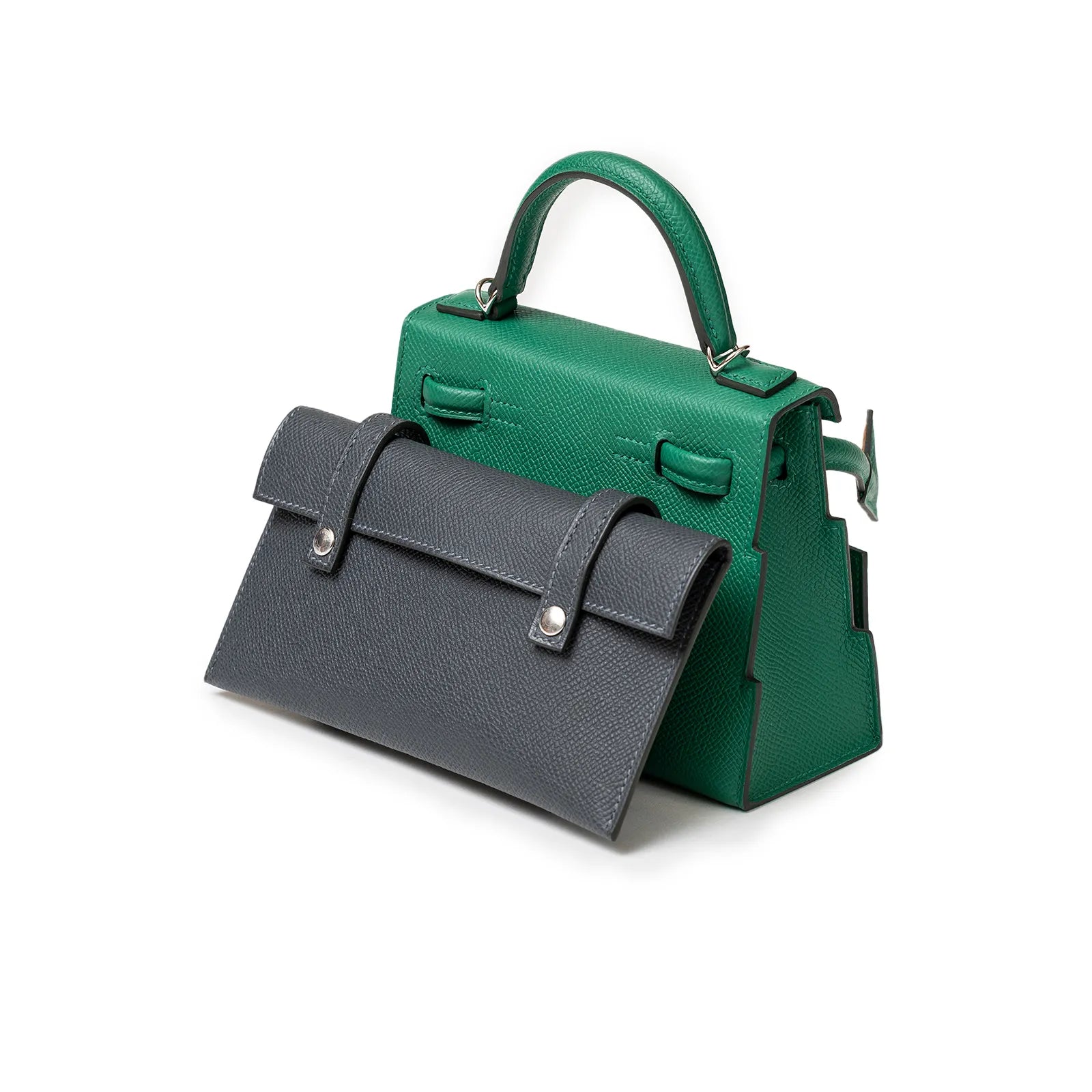 Hermès Kelly Dole Picto Vertigo /Gold/Zanzibar/Misty Epsom Palladium Hardware nested together, showcasing contrast.