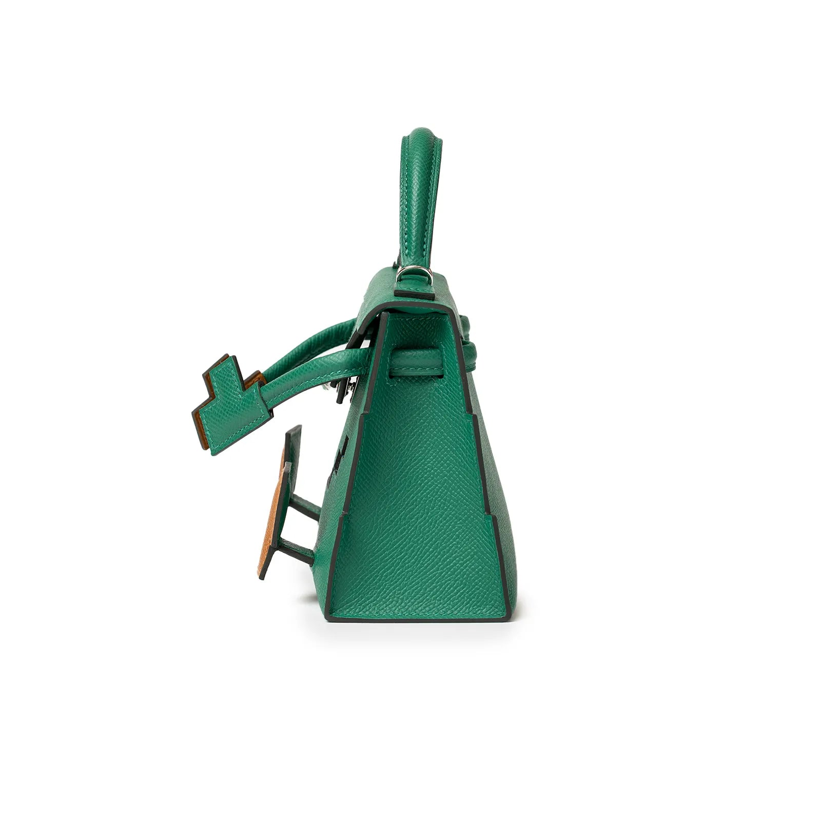 Side view of Hermès Kelly Dole Picto Vertigo /Gold/Zanzibar/Misty Epsom Palladium Hardware showcasing its elegant design.