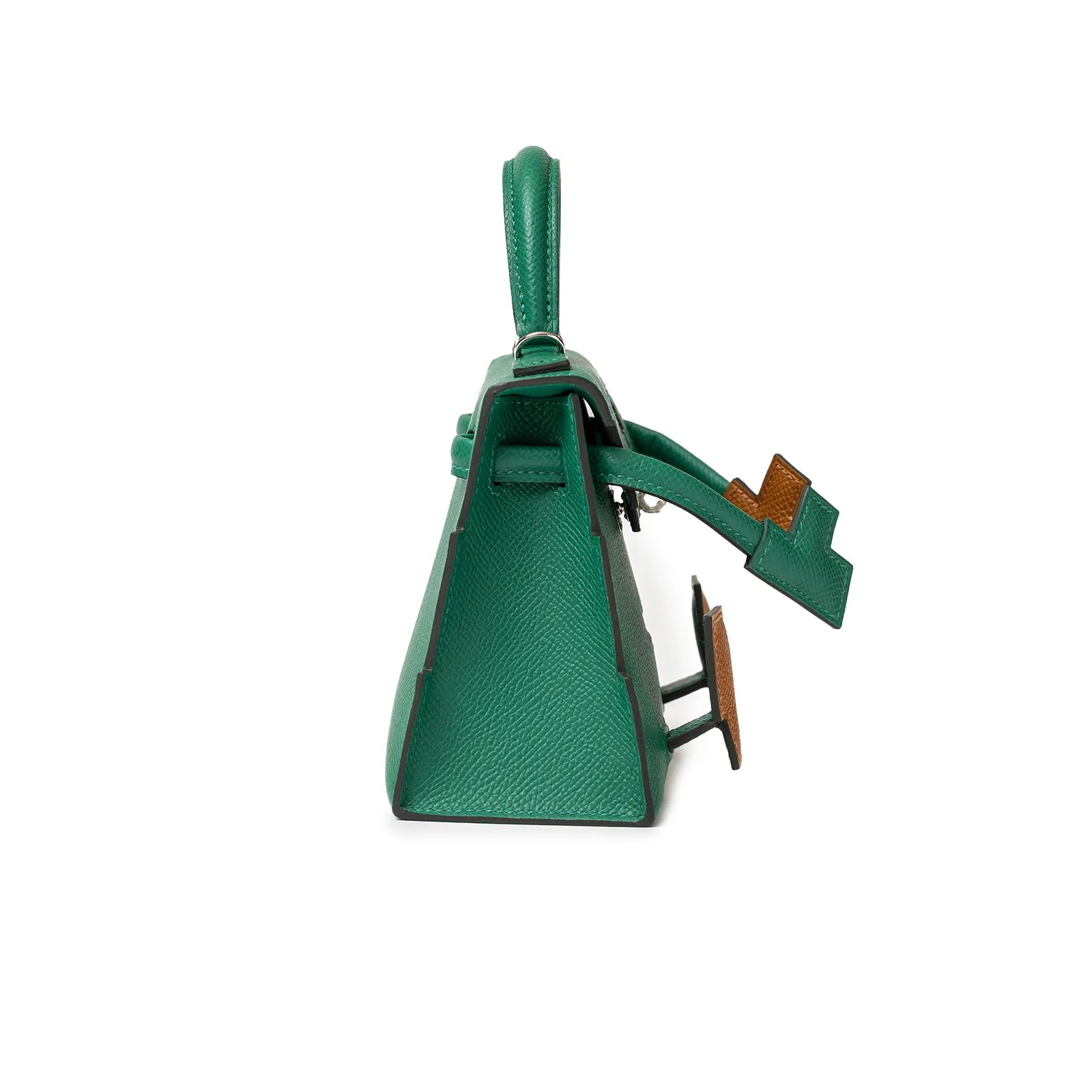 Hermès Kelly Dole Picto Vertigo /Gold/Zanzibar/Misty Epsom Palladium Hardware viewed from the side.